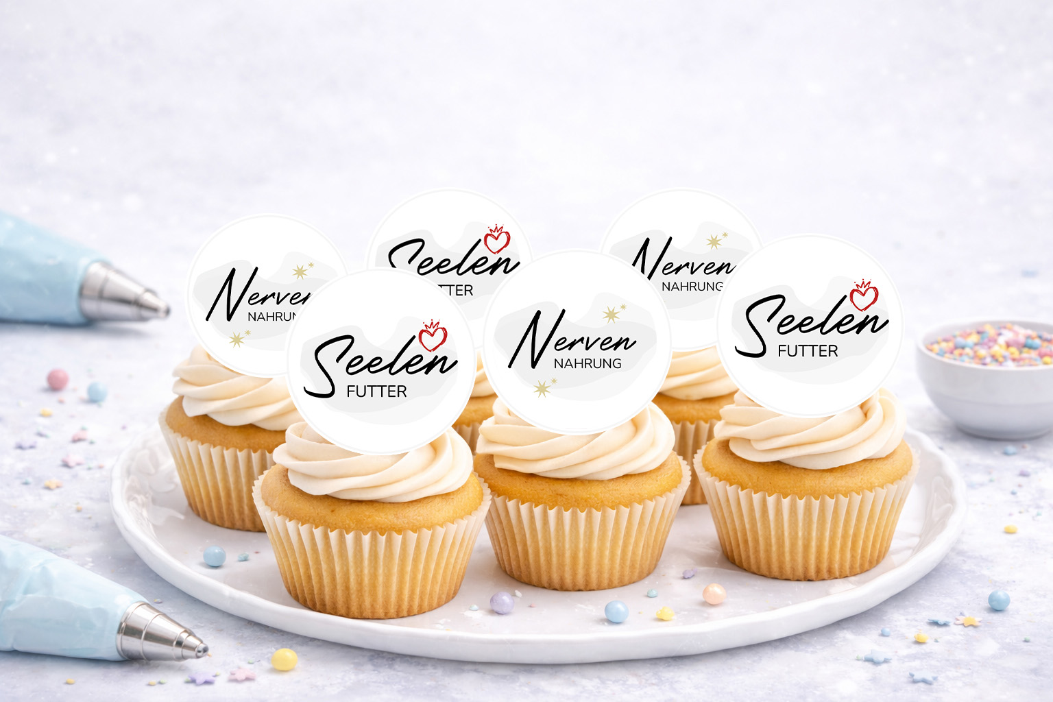 Essbare Muffinaufleger Seelenfutter und Nervennahrung aus Oblate Deluxe, 24 Stück, Ø 4 cm, zum Ausschneiden