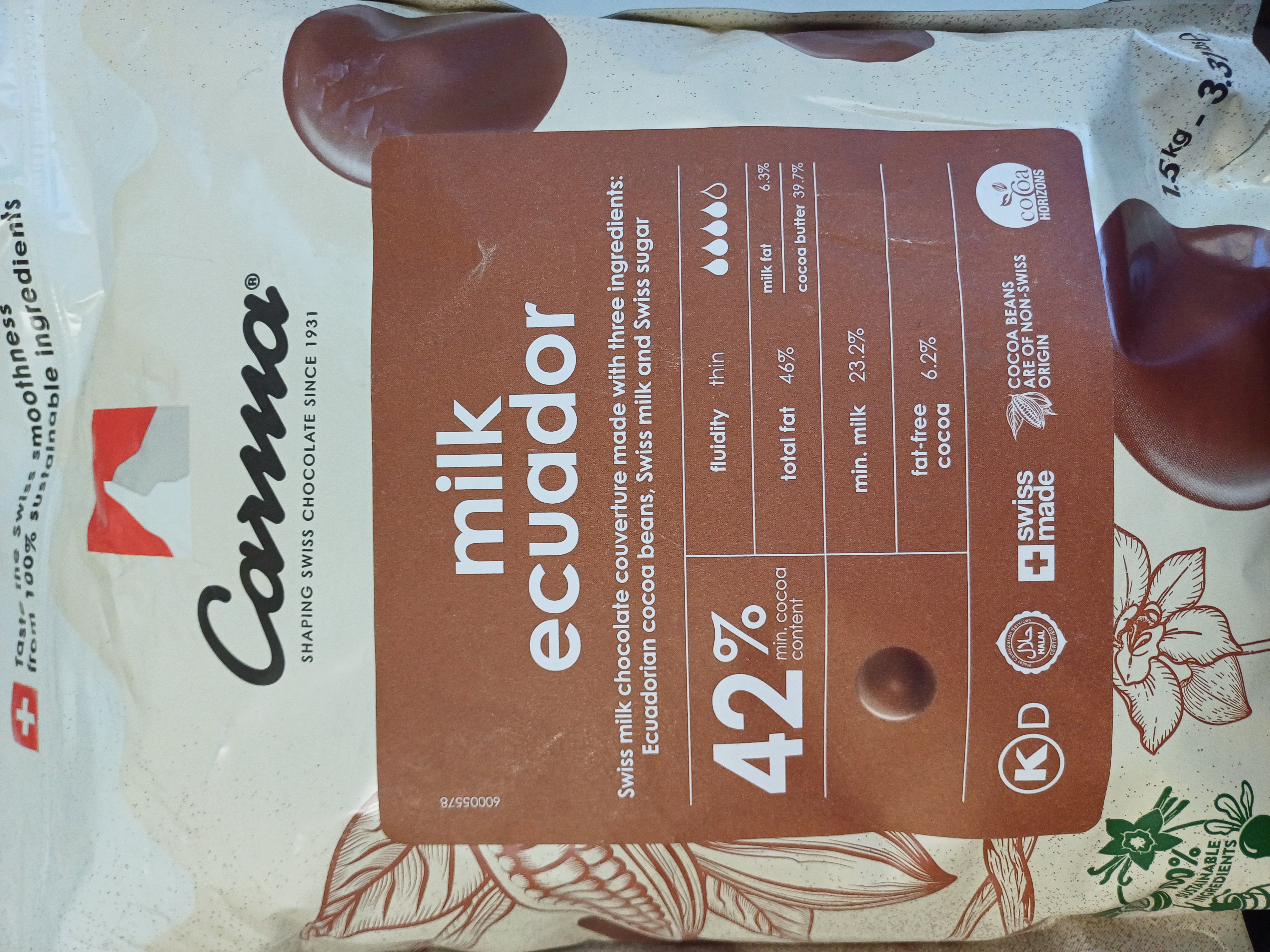 Carma Milk Equador 42% couverture chocolate  1,5kg