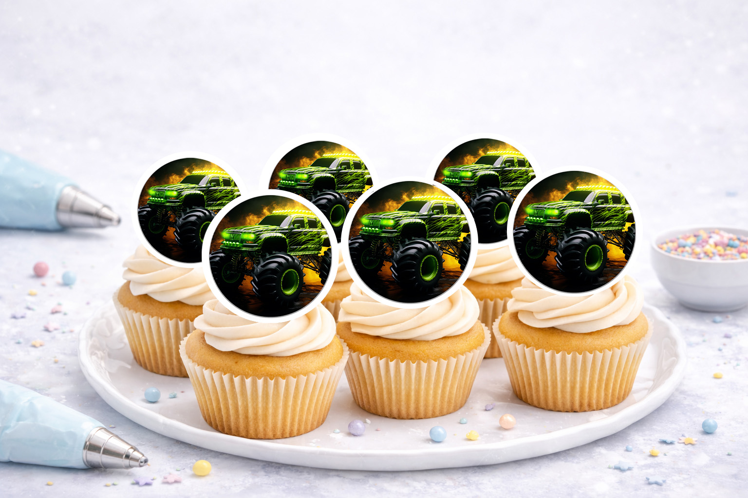 Essbare Muffinaufleger mit Monstertruck-Motiv für Cupcakes und Muffins