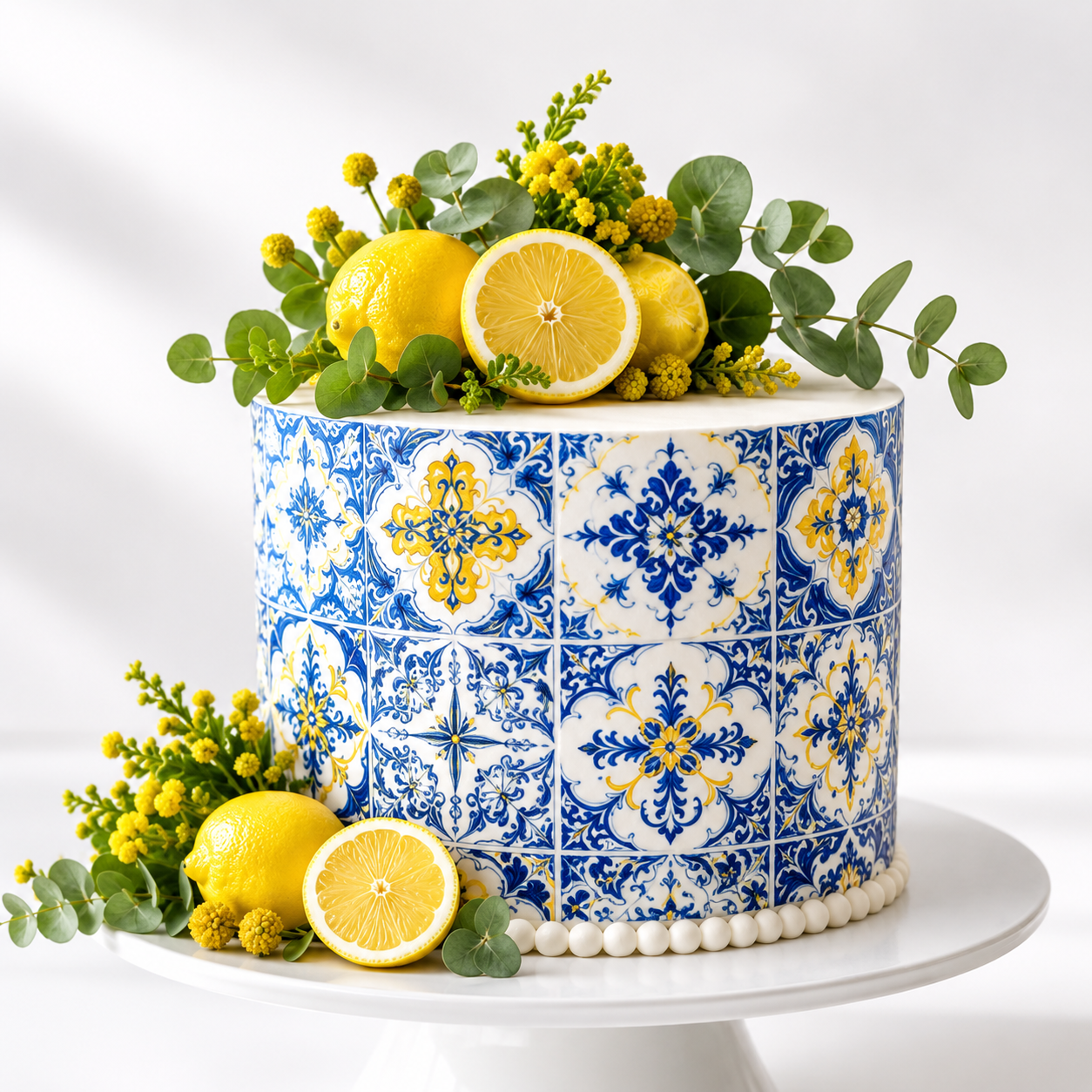 Deko Fondant Amalfi A4 – Mediterranes Fliesenmuster in Blau, Weiß und Gelb
