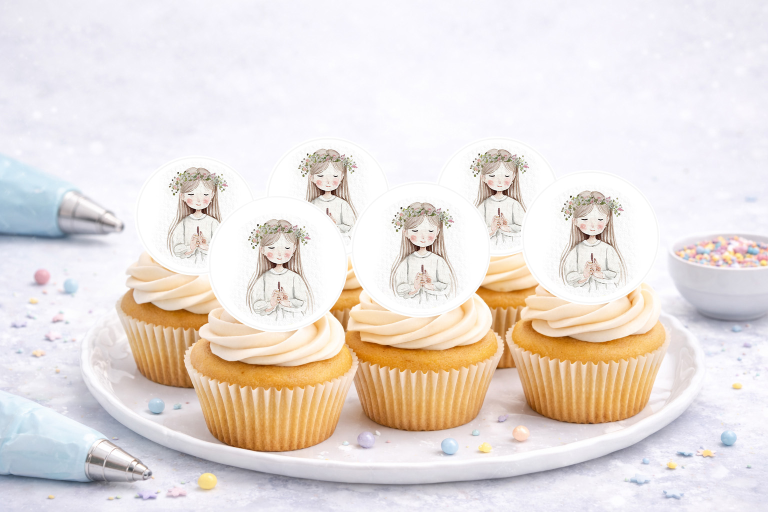 Essbare Muffinaufleger zur Erstkommunion mit christlichen Motiven für Cupcakes und Muffins