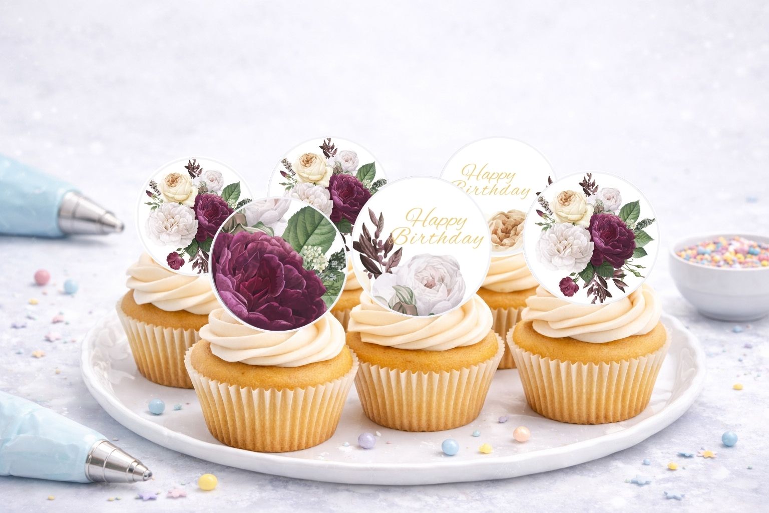 Essbare Muffinaufleger Geburtstag aus Oblate Deluxe, zum Selbstausschneiden, schnelle Deko für Muffins und Cupcakes