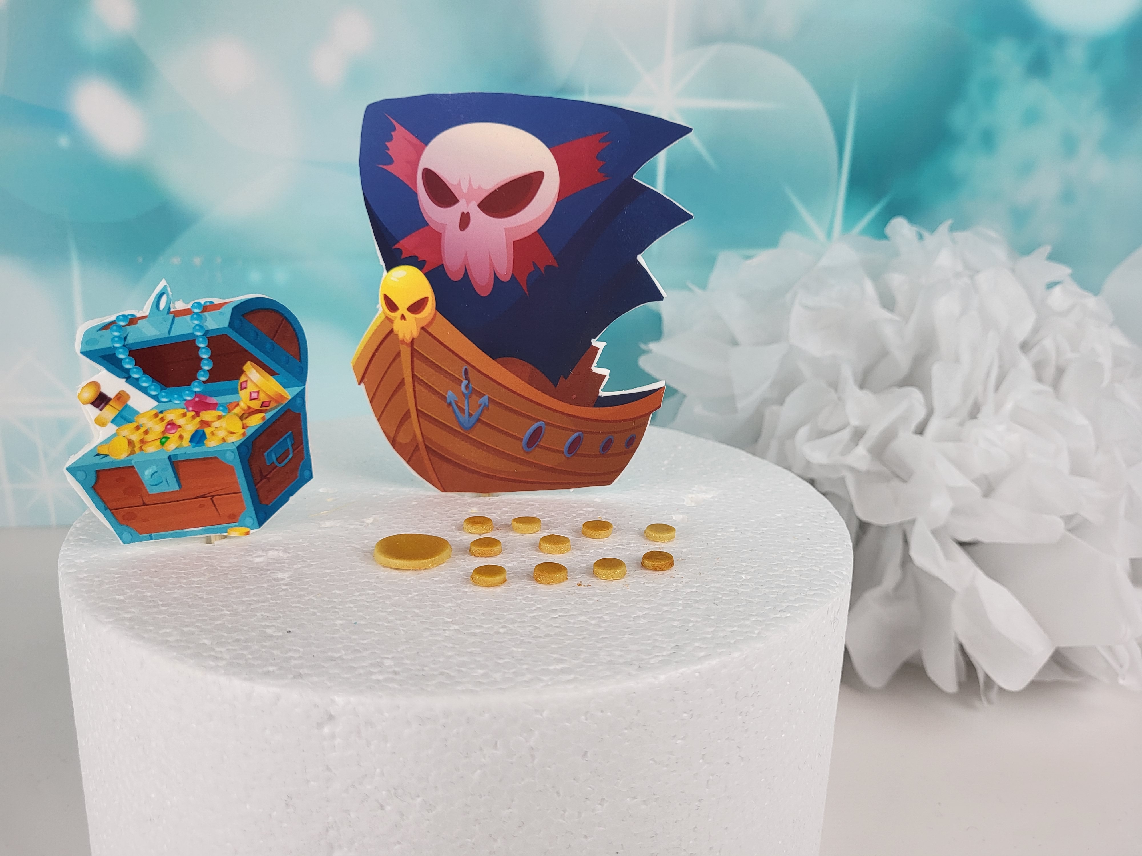 Cake Topper Piratenschiff, Schatztruhe und Goldmünzen