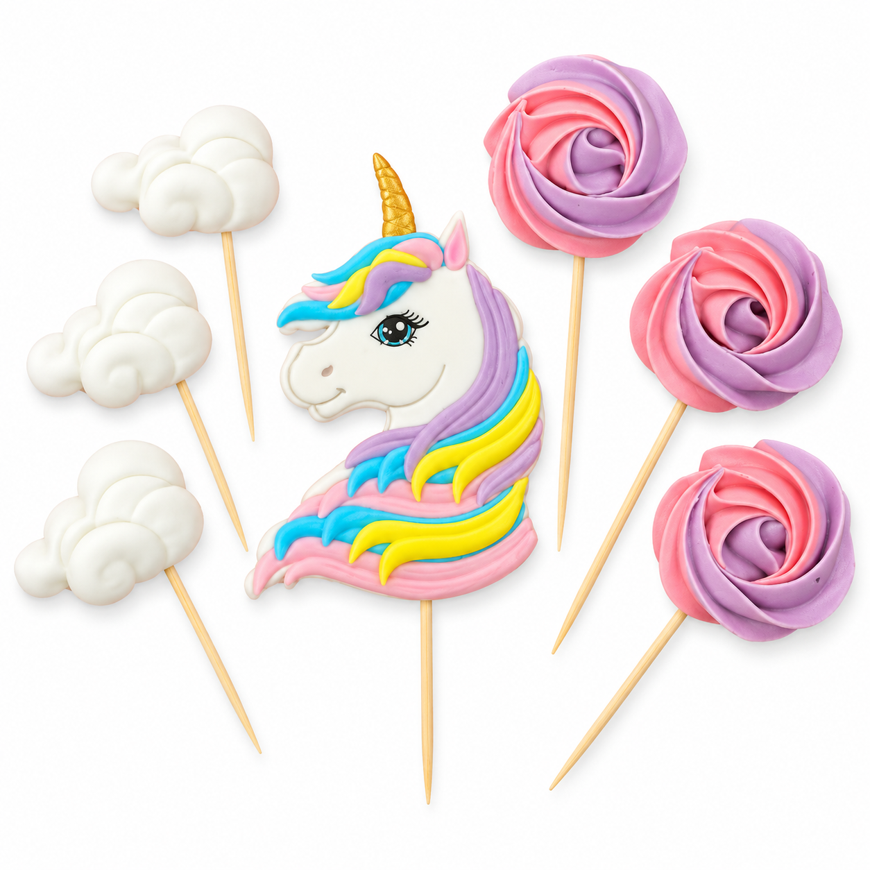 Caketopper-Set Einhorn & Wolken aus Zuckermasse in Pastelltönen