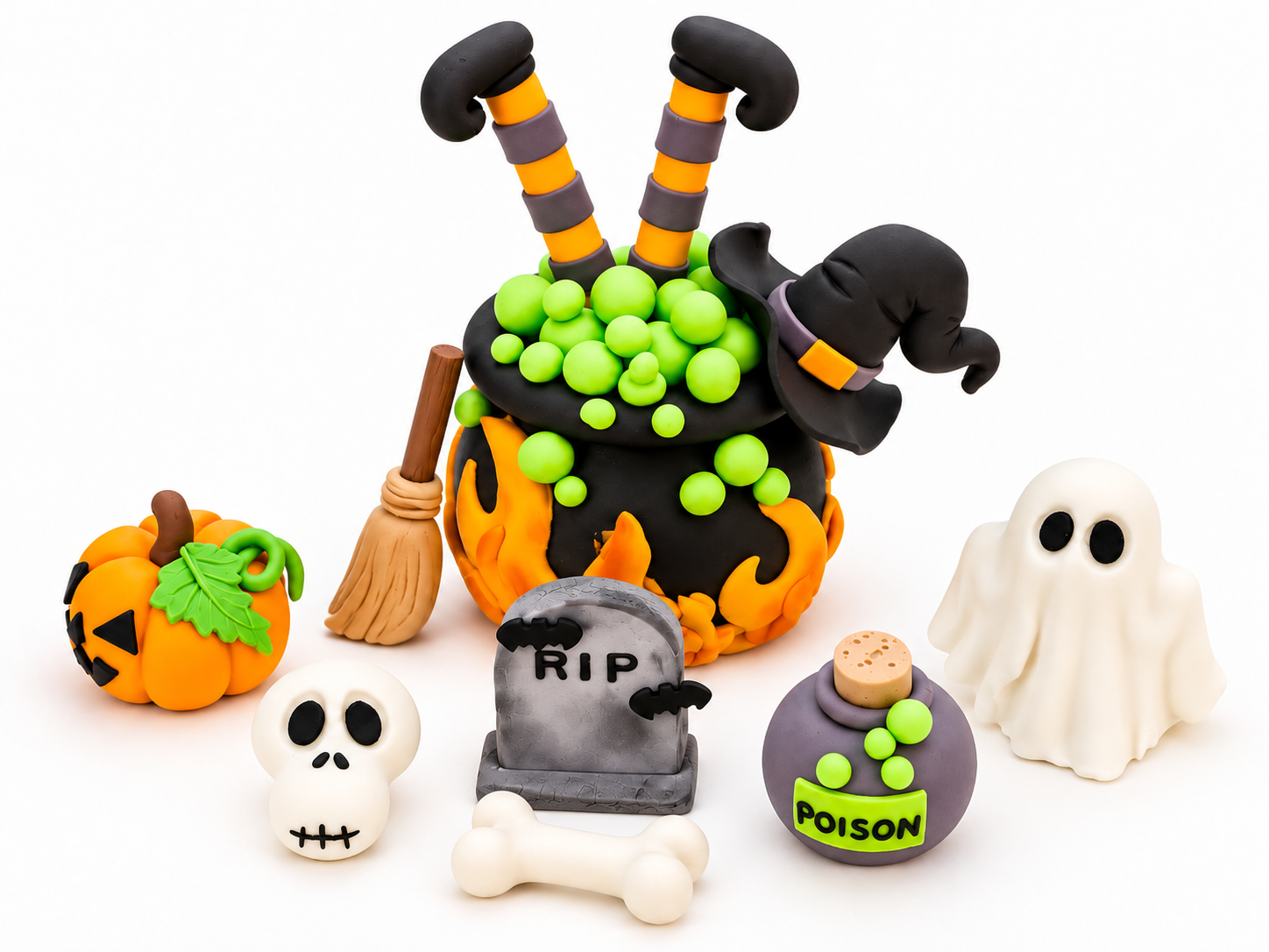 Halloween Tortendeko-Set Hexenkessel mit Hexenbeinen, Geist & Gruselmotiven