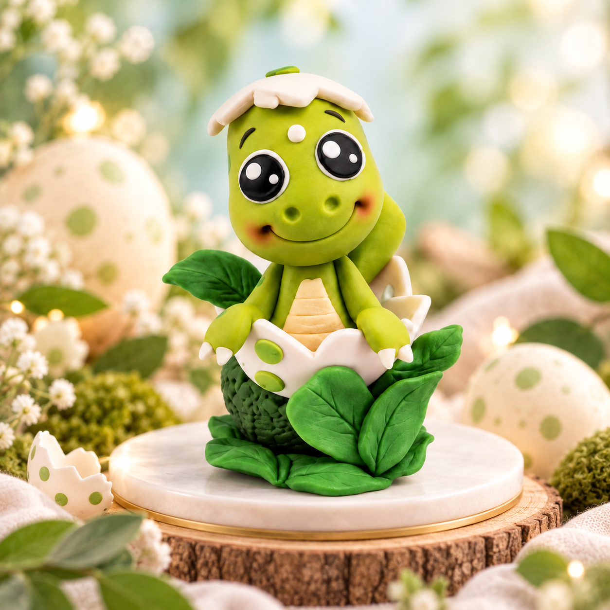 🦖 Tortenfigur Topper Dino im Blütenei – handmodelliert