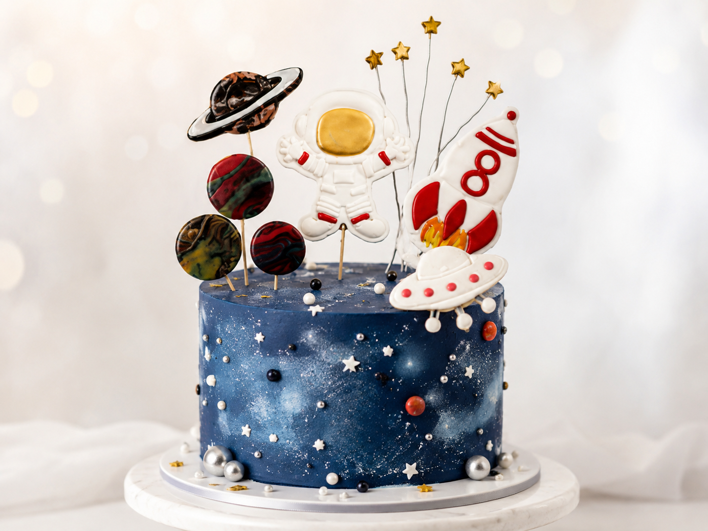 Weltraum Tortendekorationsset aus Zuckermasse – Astronaut, Rakete & Planeten, essbar