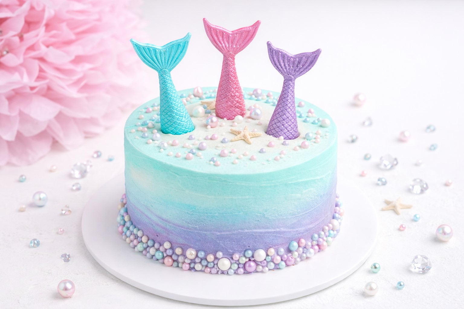 Detailansicht essbare Meerjungfrauenflossen aus Zucker als Tortendeko für Meerjungfrau-Mottoparty und Kindergeburtstag