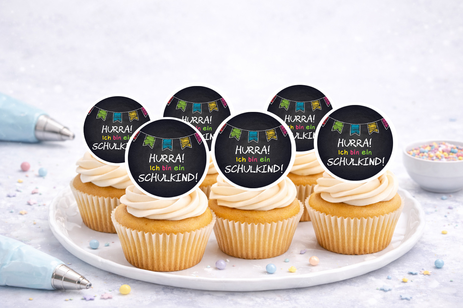 Essbare Muffinaufleger zur Einschulung mit Schulkind-Motiv für Cupcakes und Muffins