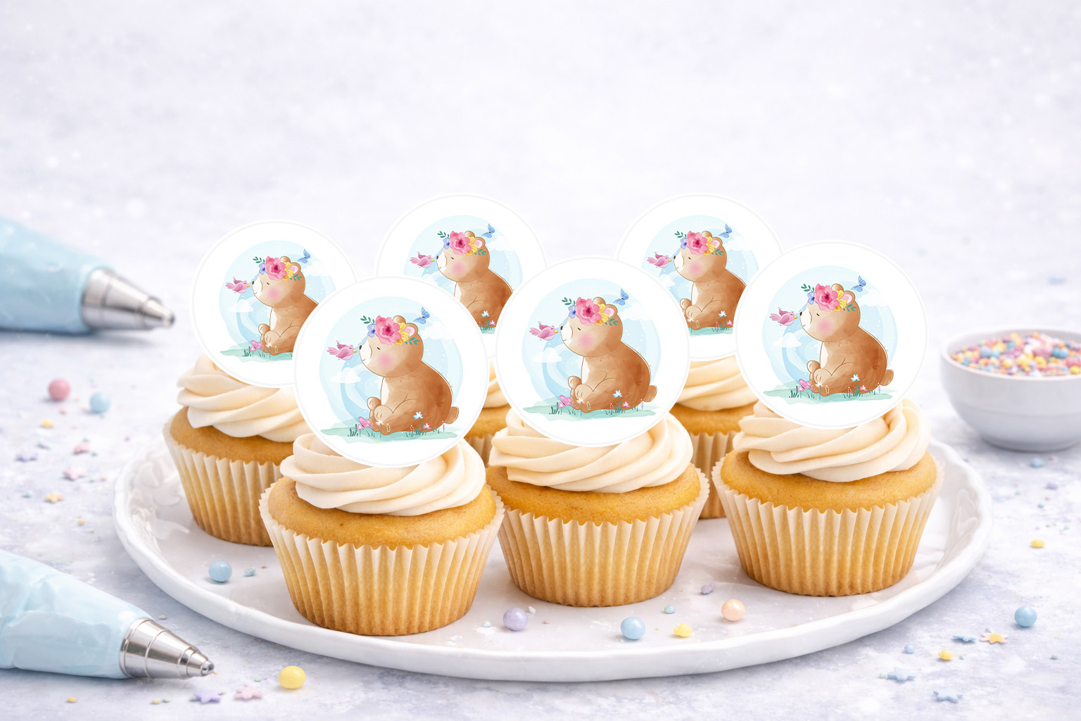 Muffinaufleger Bär – 20 essbare Oblate-Deluxe Aufleger auf A4, Ø ca. 4,5 cm, zum Ausschneiden (N635)