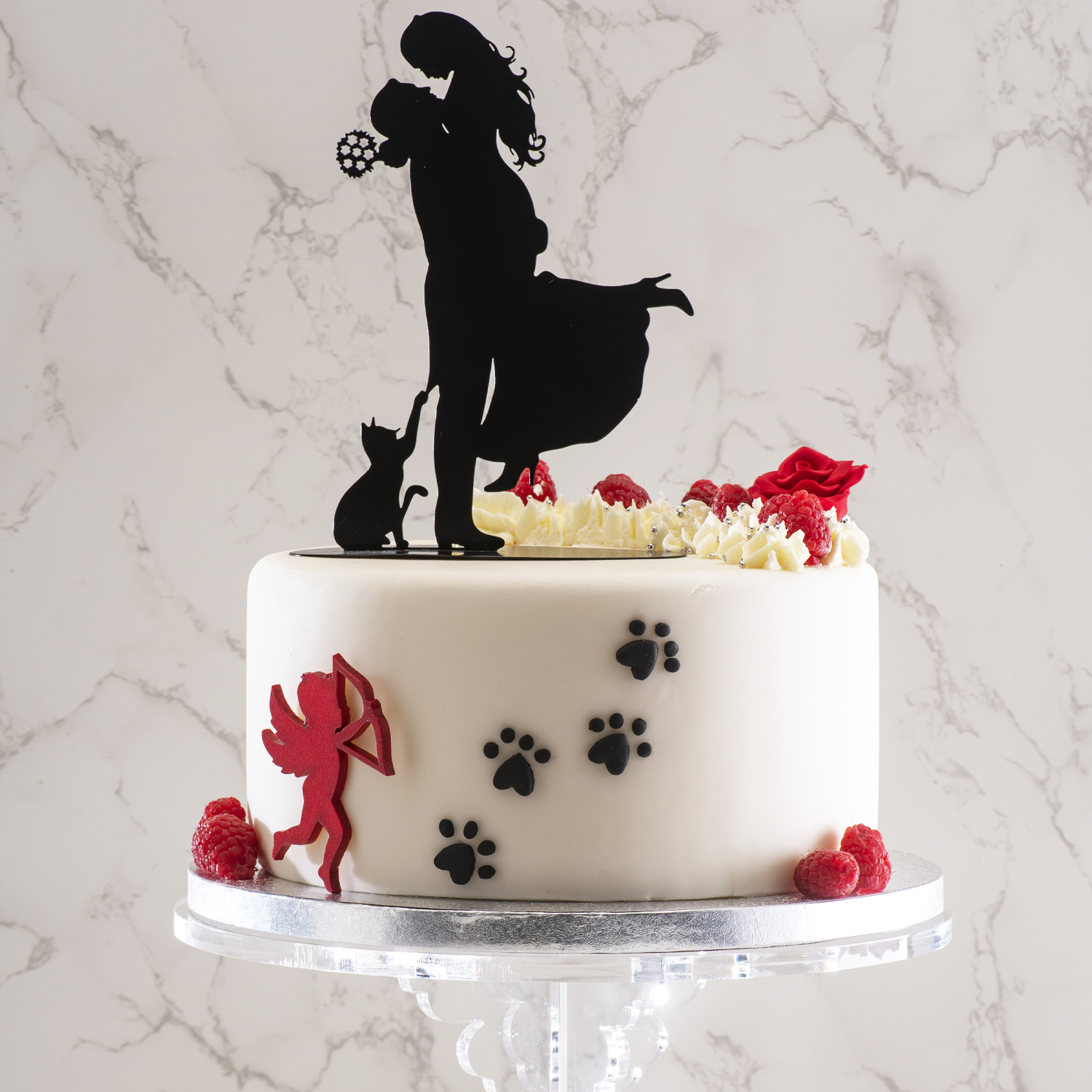 Cake Topper Brautpaar mit Katze – Eleganter Hochzeitstorten-Topper aus Acryl, ca. 19 cm