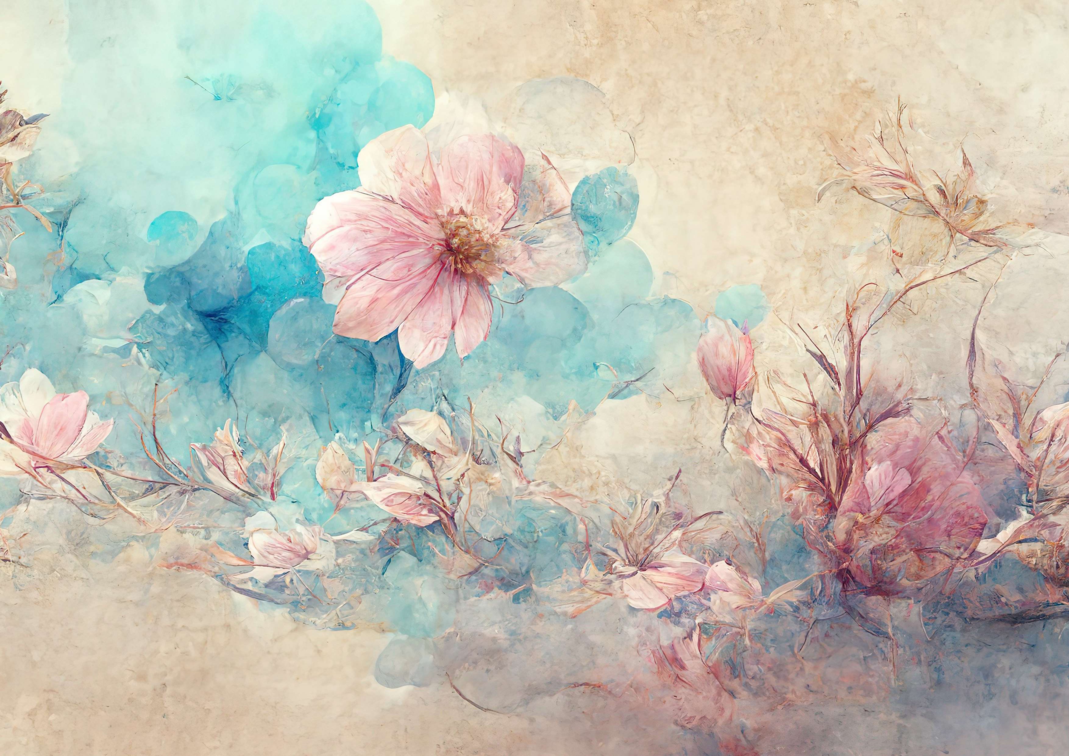Deko Fondant Aquarell Blumen – Pastell Türkis und Rosa