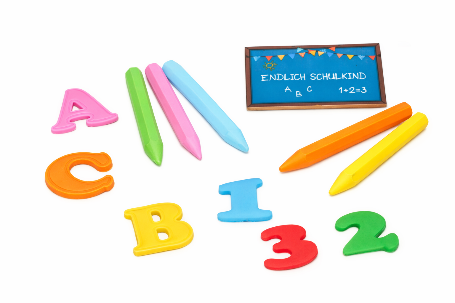 Zuckerdekor Einschulung-Set „Endlich Schulkind“ – essbare Tortendeko mit Tafel, Buchstaben, Zahlen & bunten Stiften