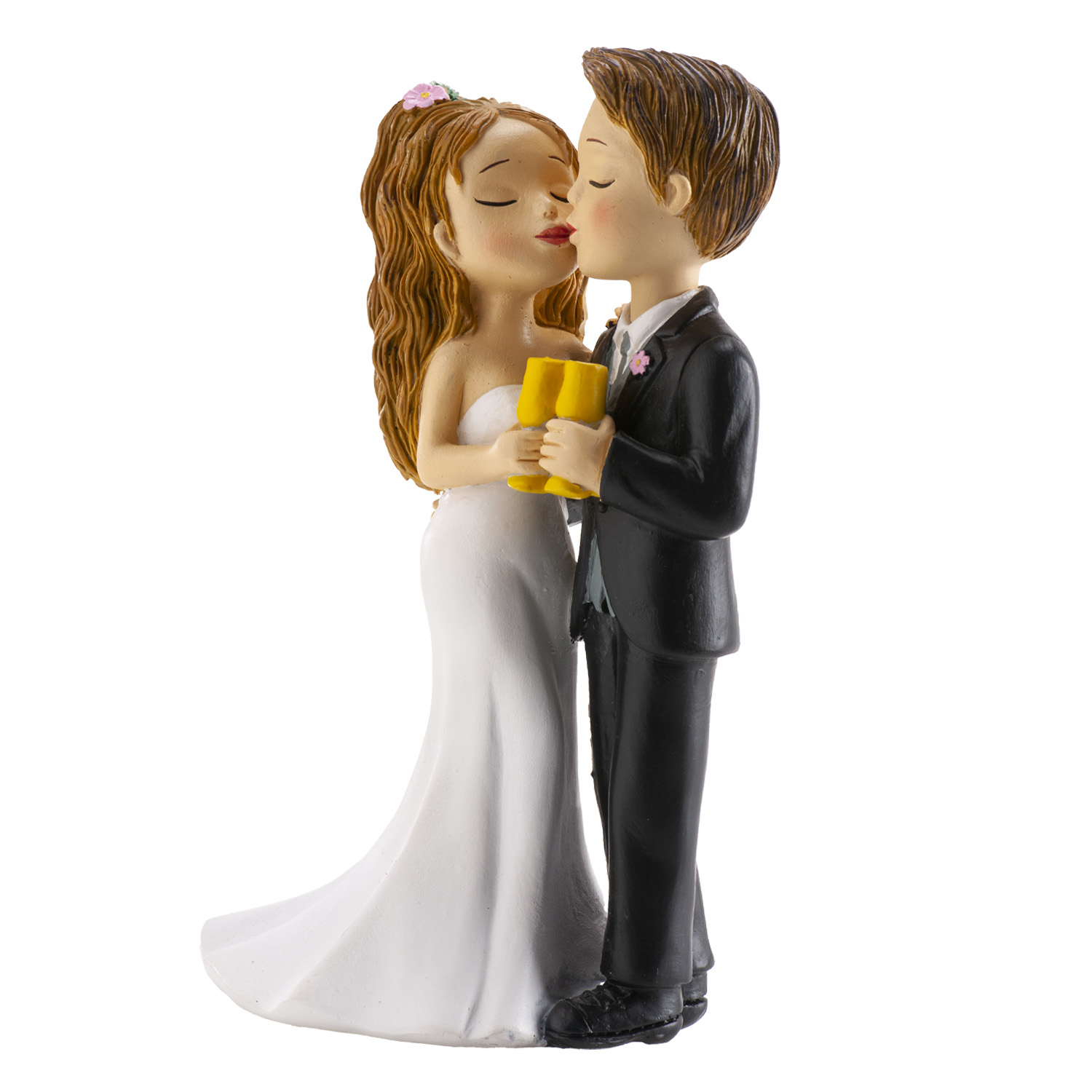 Hochzeitsfigur Brautpaar mit Sektgläsern & Kuss – 16 cm – Tortenfigur