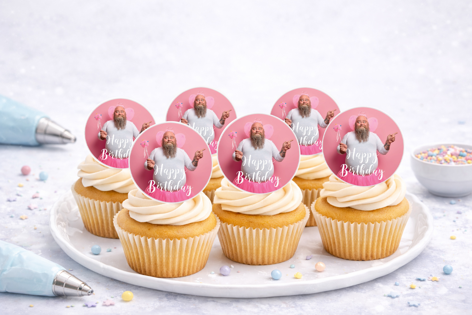 Essbare Muffinaufleger Happy Birthday aus Oblate Deluxe, 24 Stück, Ø ca. 4 cm, auf A4 zum Ausschneiden