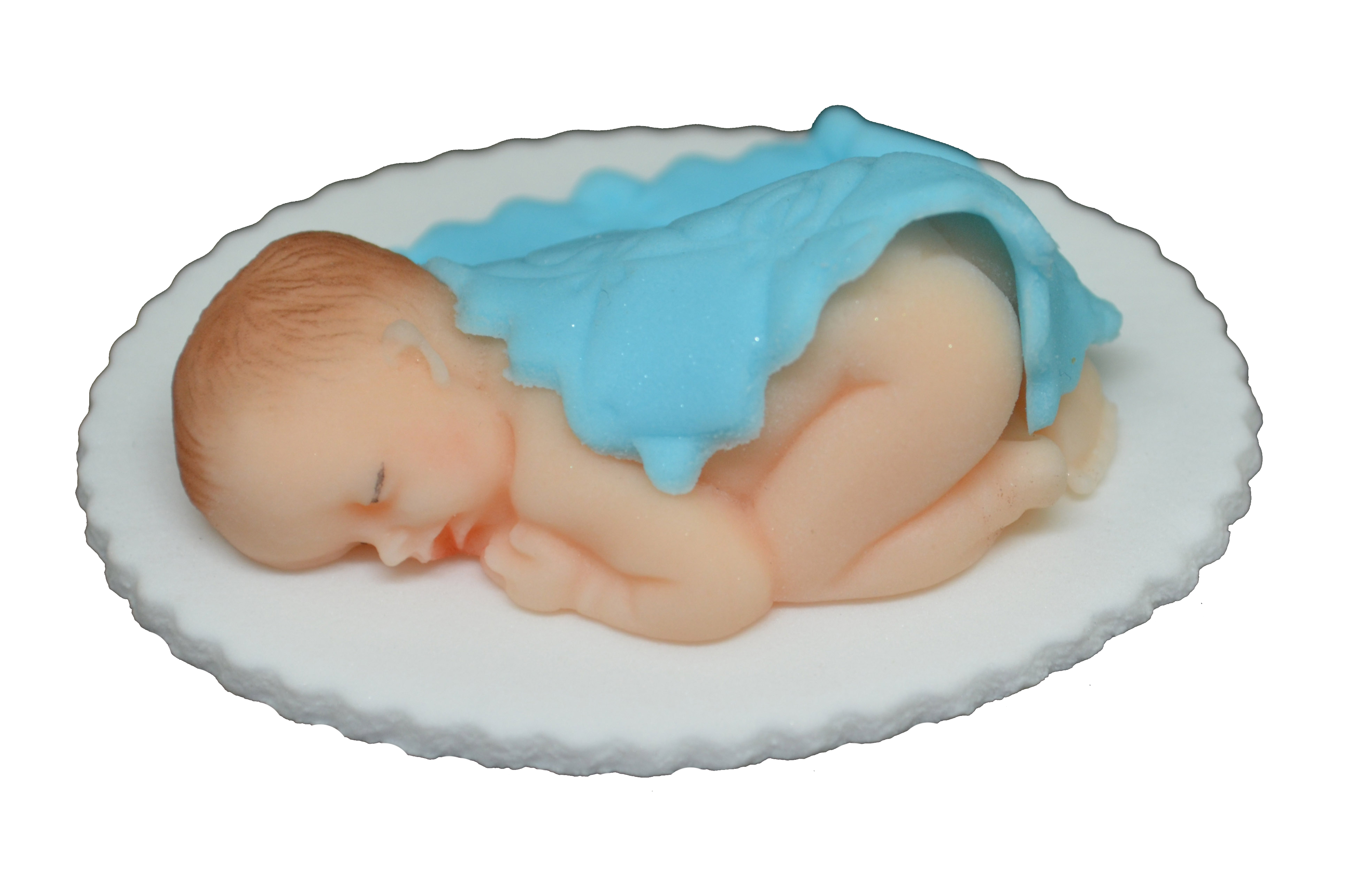 Zuckerfigur Baby mit blauem Deckchen handgemacht