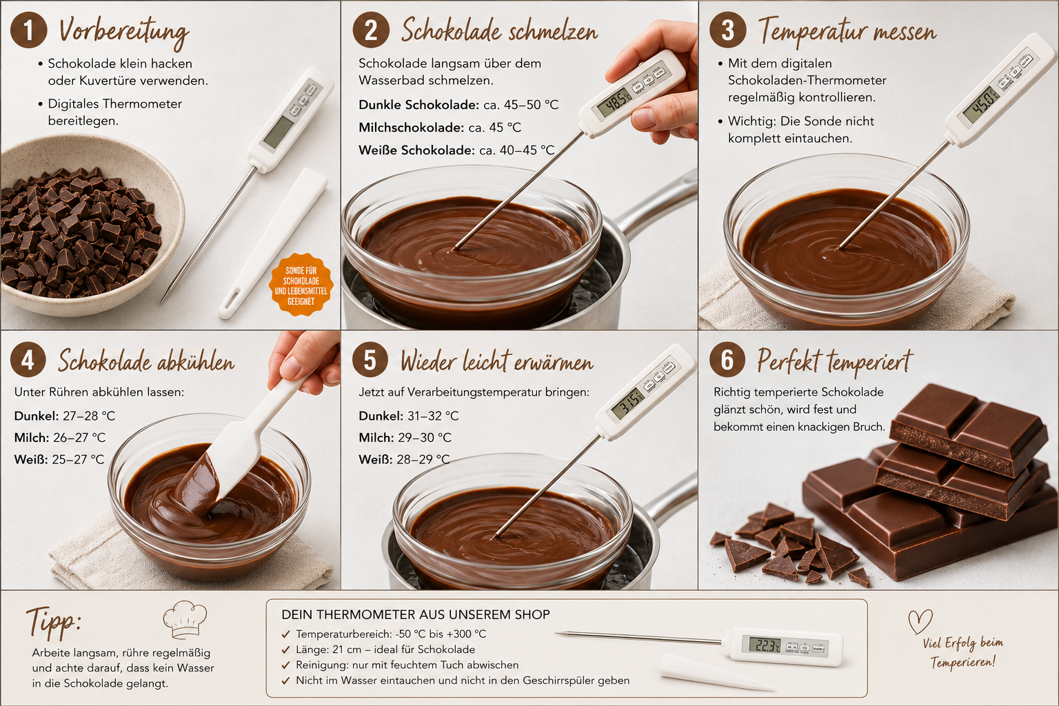 Schokolade temperieren Schritt-für-Schritt Anleitung mit Temperaturen
