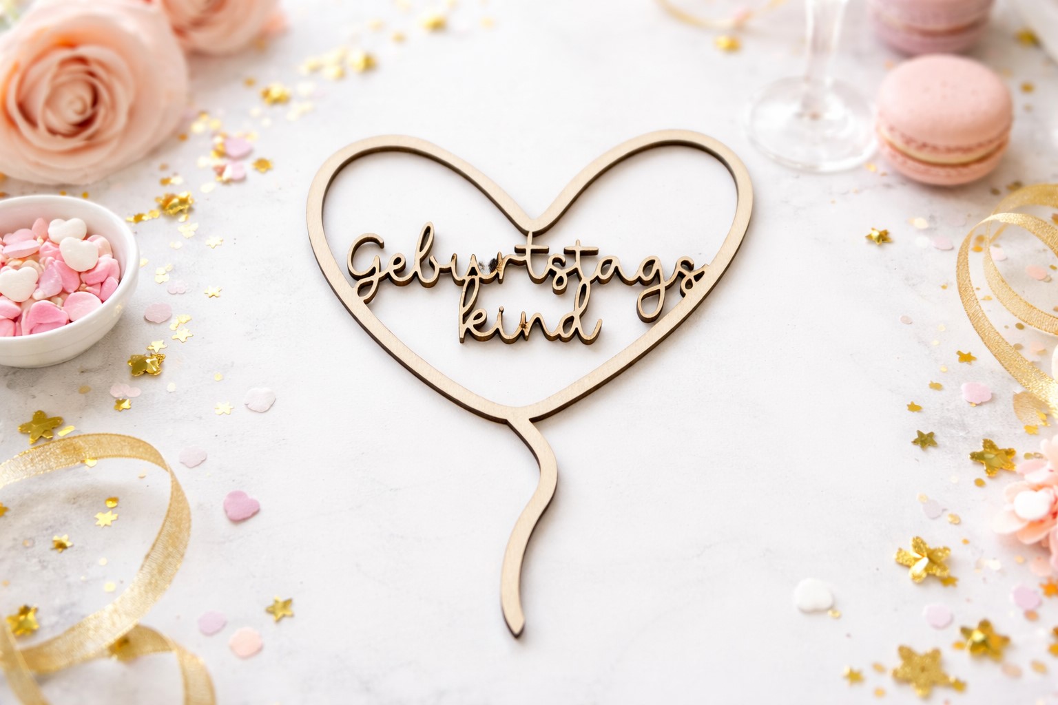 Holz Cake Topper im Herz-Design mit Schriftzug „Geburtstagskind“ als Tortendeko für Geburtstag und Kindergeburtstag