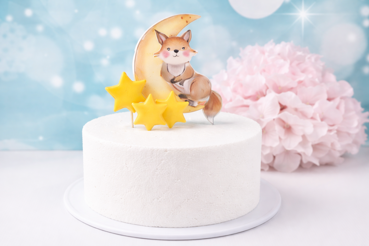 🌙 Cake Topper Fuchs in Mond mit Sternen – Fondant-Tortendeko für Kinder & Baby-Feiern
