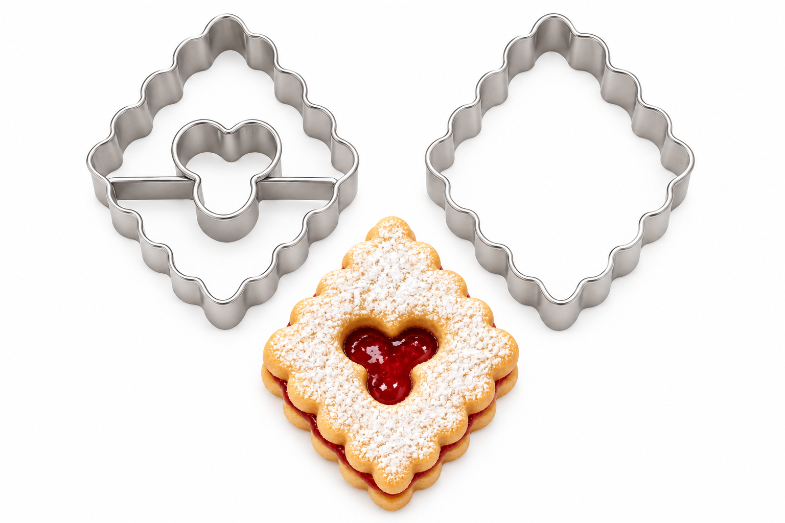 Linzer Ausstecher Rhombus mit 3 Rundlöchern 4,5 cm – 2-teilig  A38