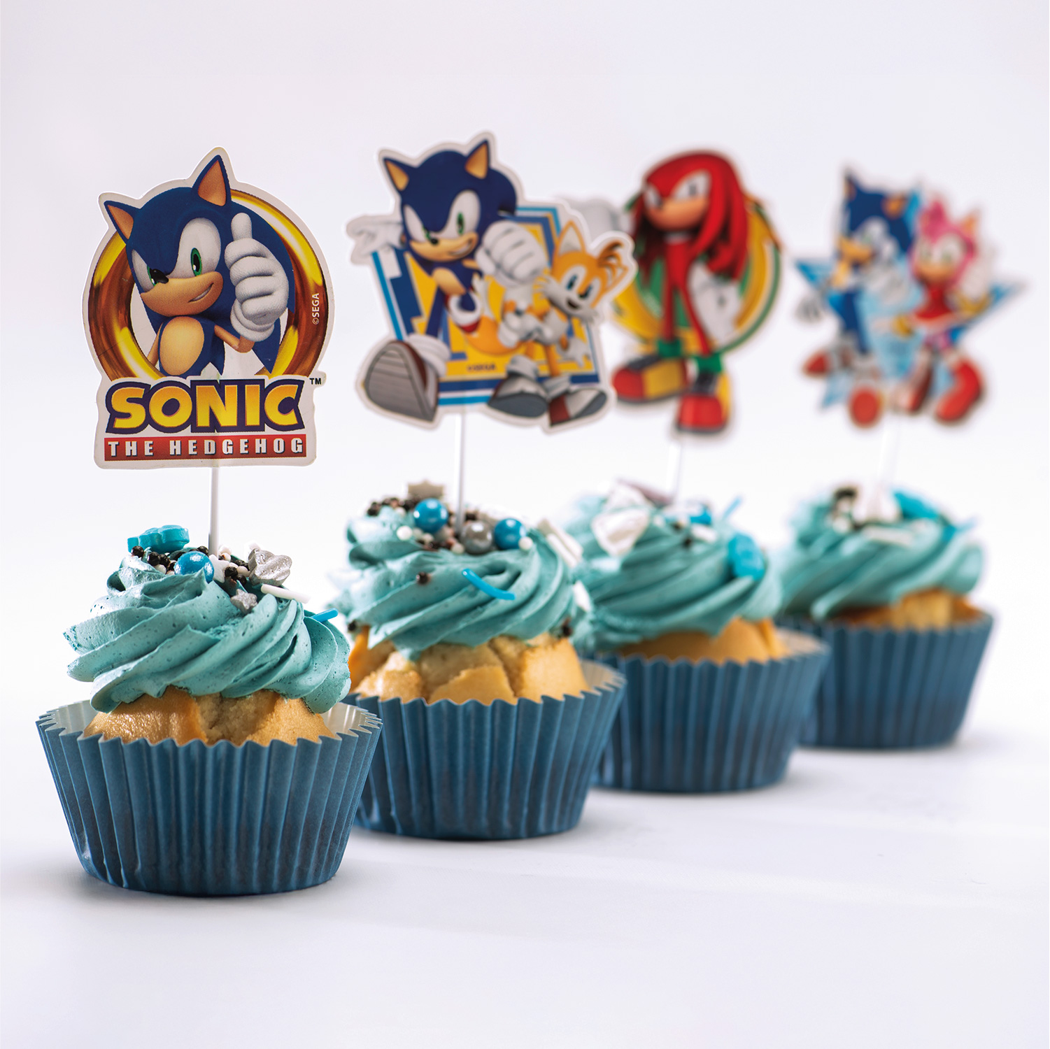 Cupcake Topper Sonic – 16 Stück Papier-Topper für Kindergeburtstag & Sonic-Mottoparty
