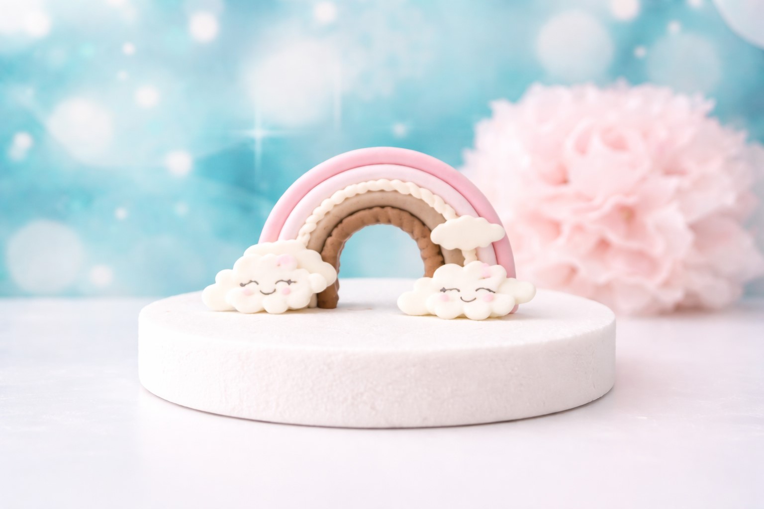 Cake Topper Regenbogen mit Wolken aus Zuckerpaste – handgemachte Tortendeko in Rosa für Taufe, Kommunion, Geburtstag & Einhorntorte