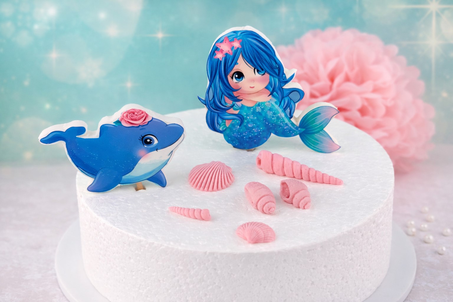 Cake Topper Set Meerjungfrau, Wal & Muscheln – handgefertigte Fondant-Tortendekoration für Ozean- & Kinder-Torten