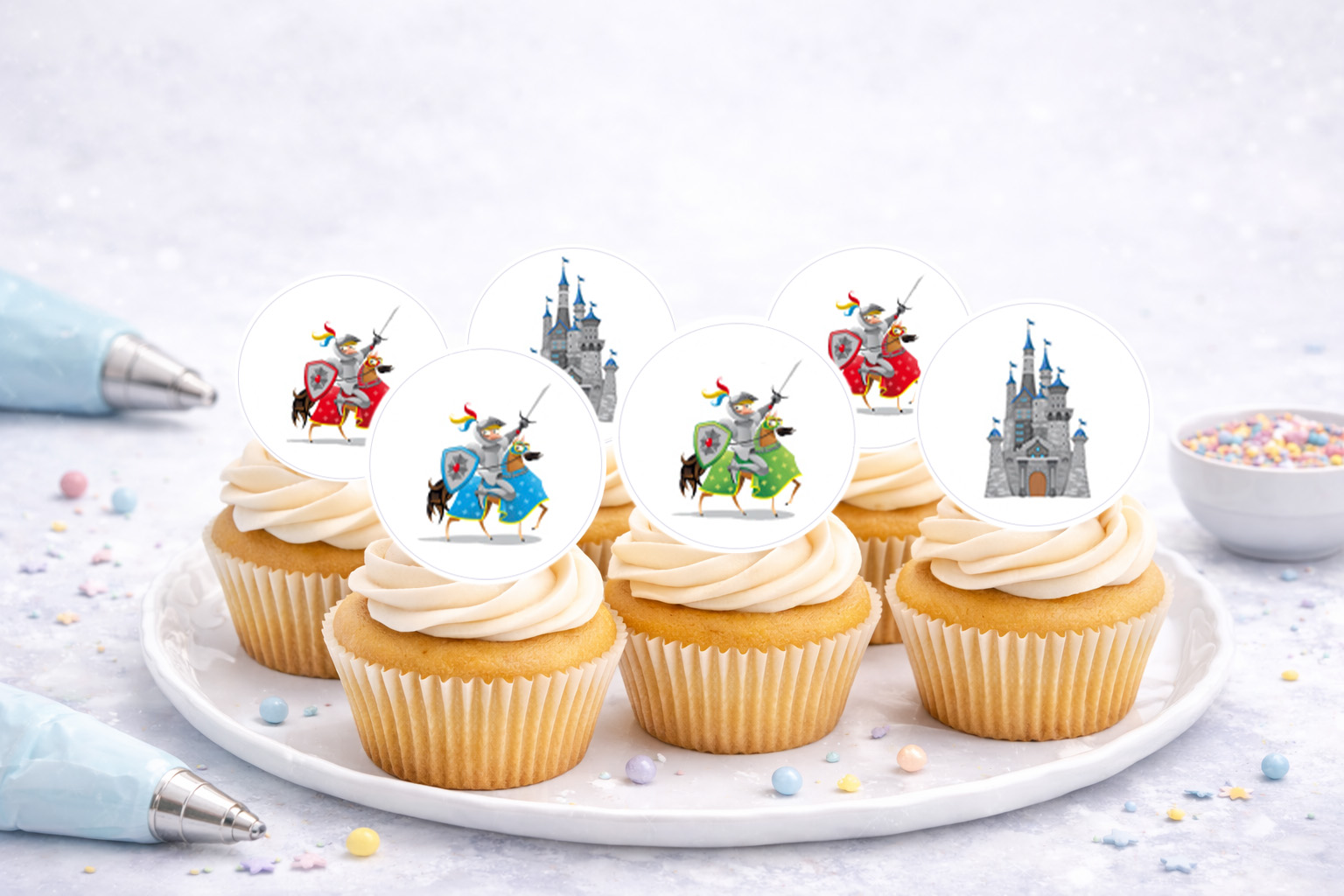 Essbare Muffinaufleger Ritter auf Oblate Deluxe, Ø 4,5 cm, Ritter auf Pferd