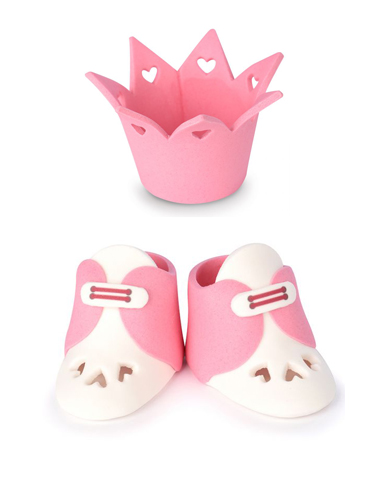 Zuckerdekoration Babyschuhe und Krone rosa