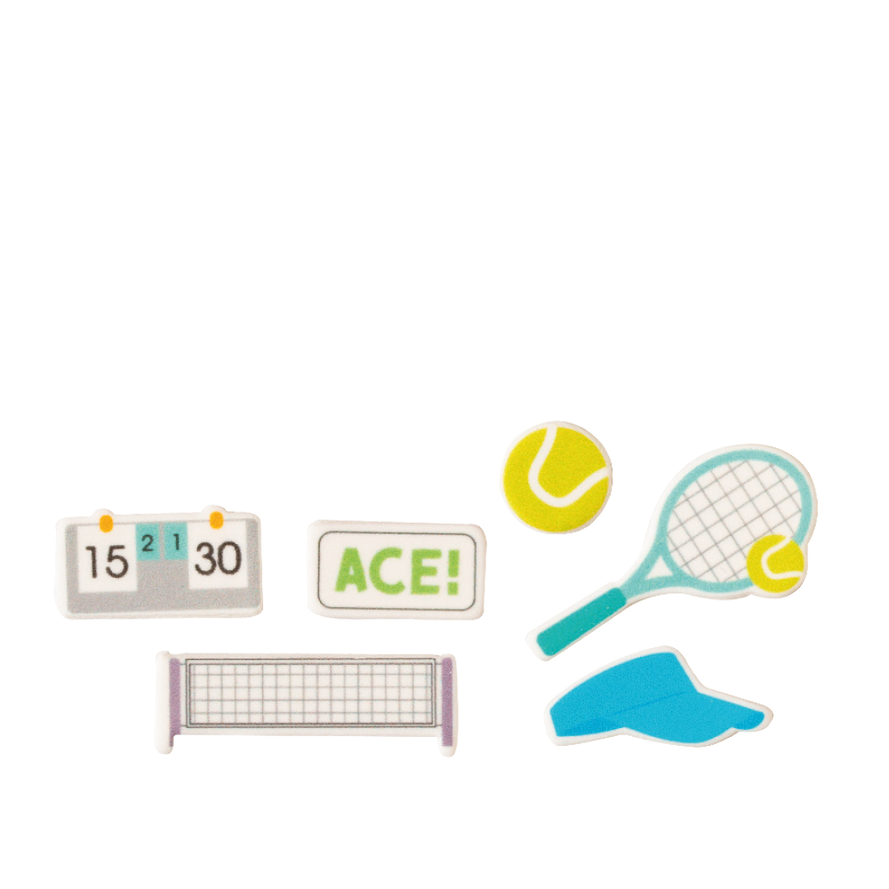 Zuckerdekoration Tennis 2D – 12-tlg. Set für Muffins, Cupcakes und kleine Torten