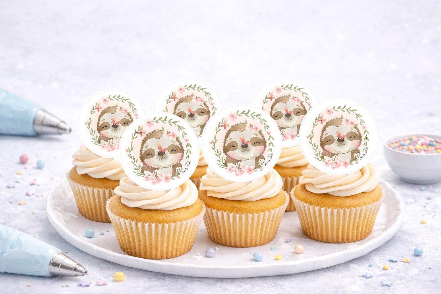 Essbare Muffinaufleger Faultier aus Oblate Deluxe – 20 Aufleger auf A4 (N437)