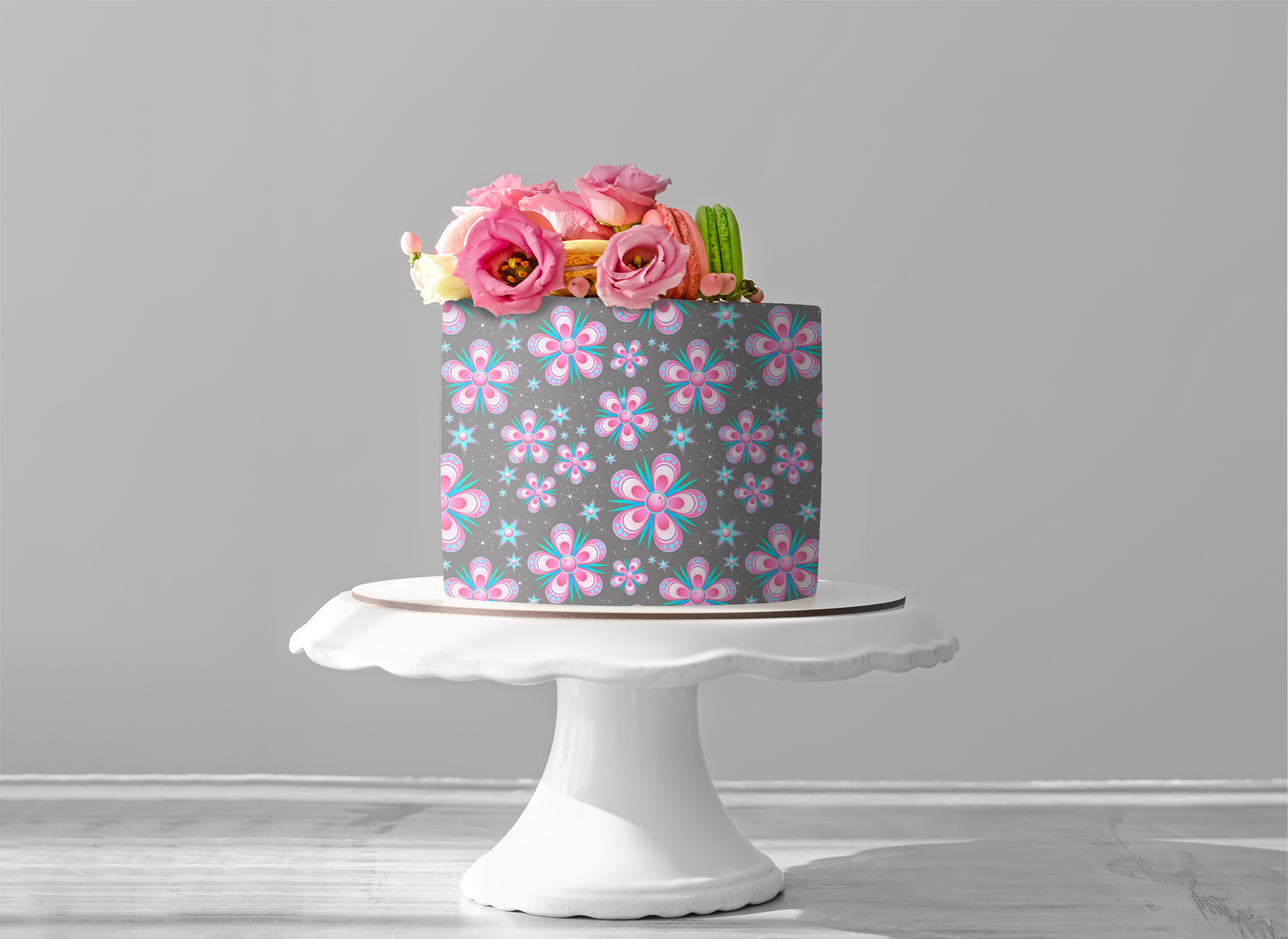 Deko Fondant grau mit Blumen
