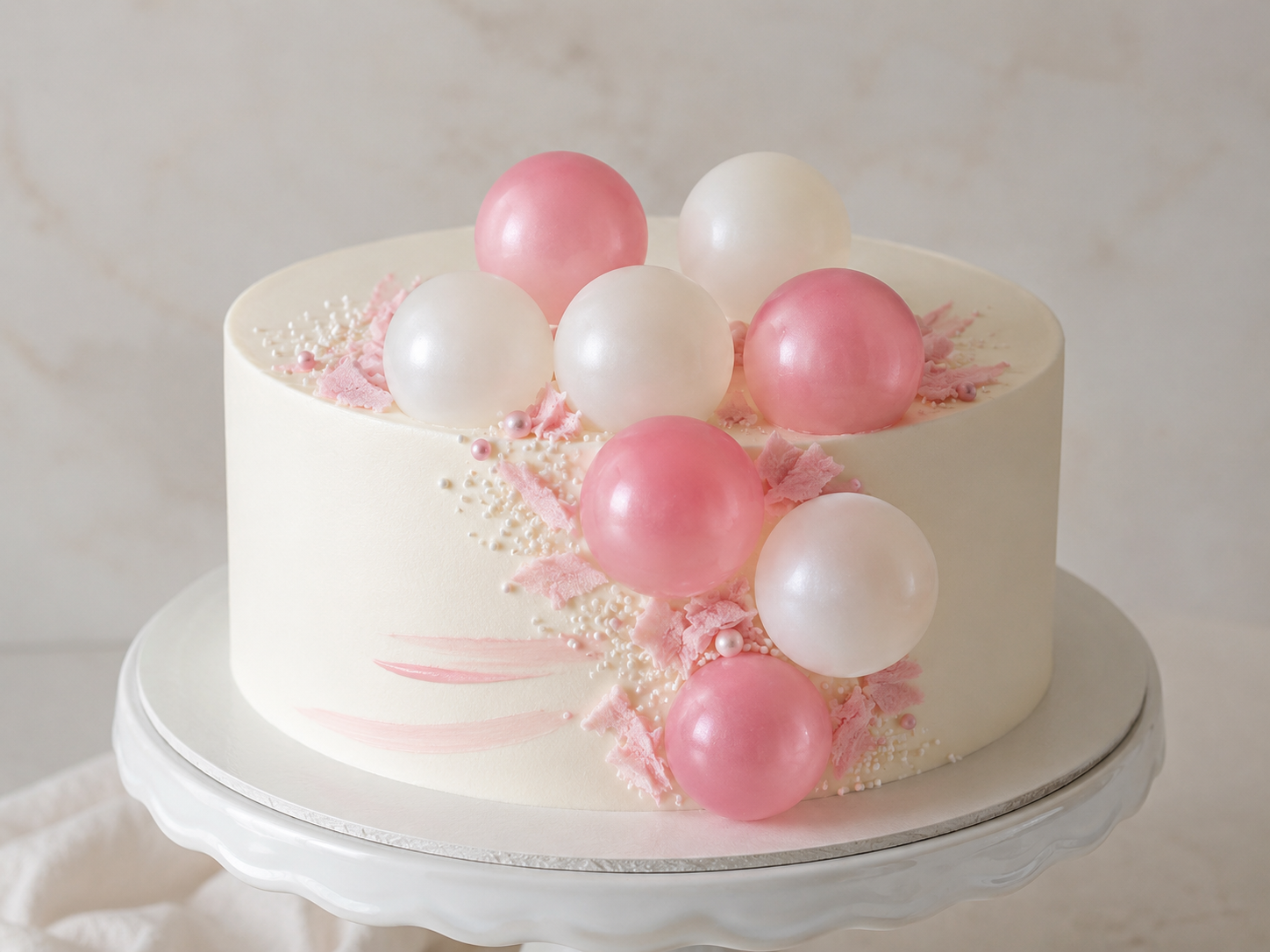 Mini-Gelee- Gelatinekugeln Weiß-Rosa – 7 Stück essbare Tortendeko