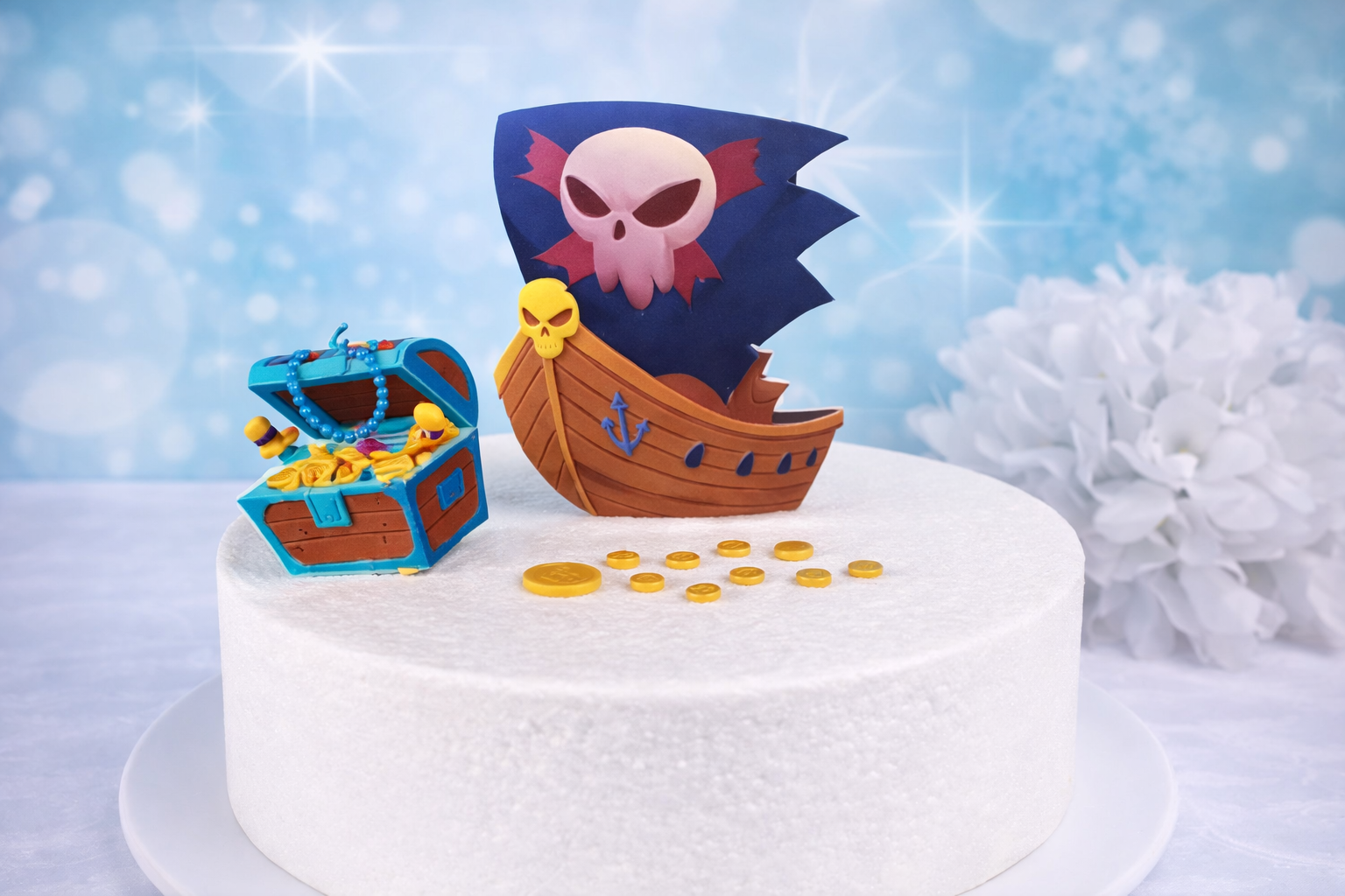 Essbarer Cake Topper Piratenschiff mit Schatztruhe & Goldmünzen – Piraten Tortendeko für Kindergeburtstag