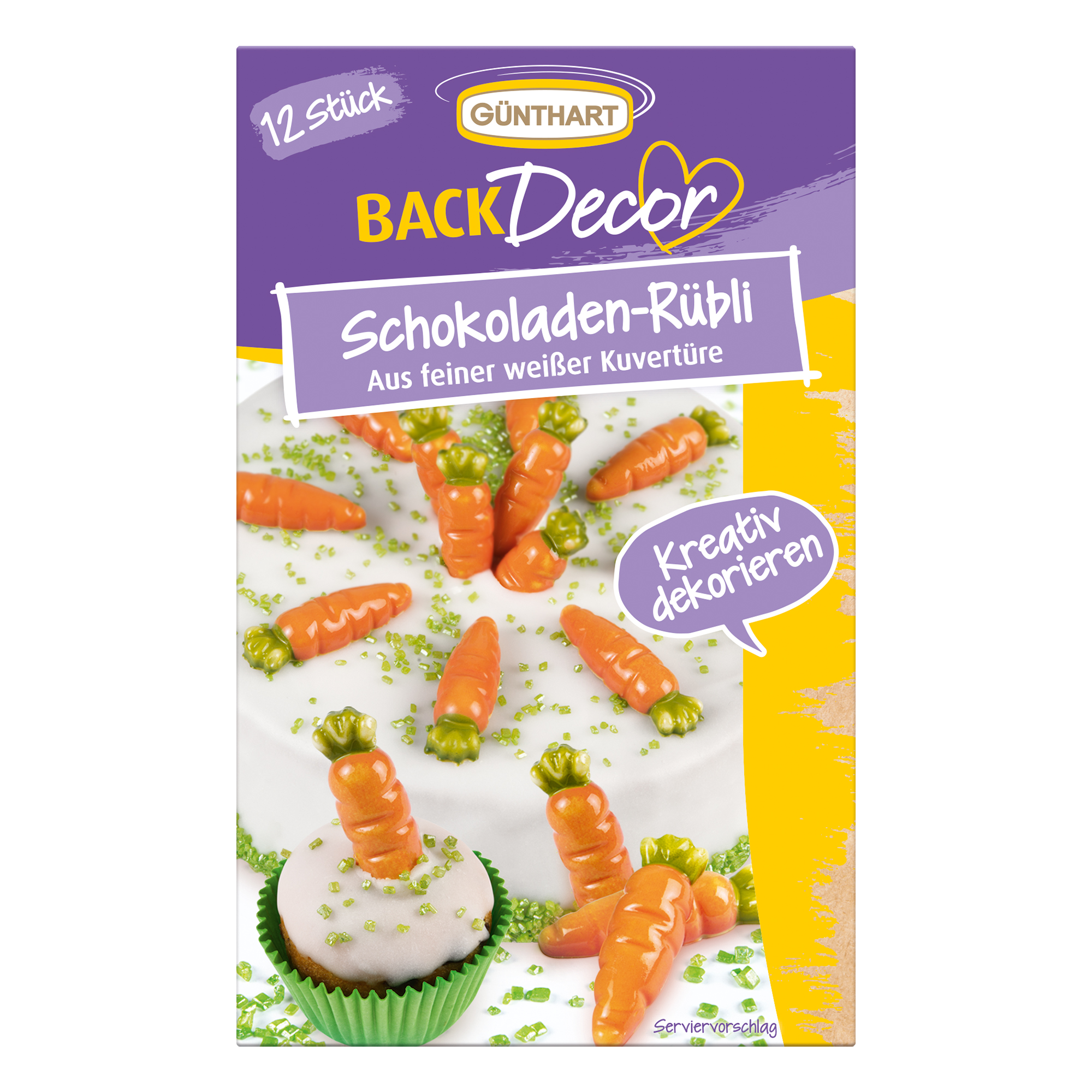 Packshot Schokoladen-Karotten „Rübli“ – 12 Stück essbare Tortendeko in orange und grün