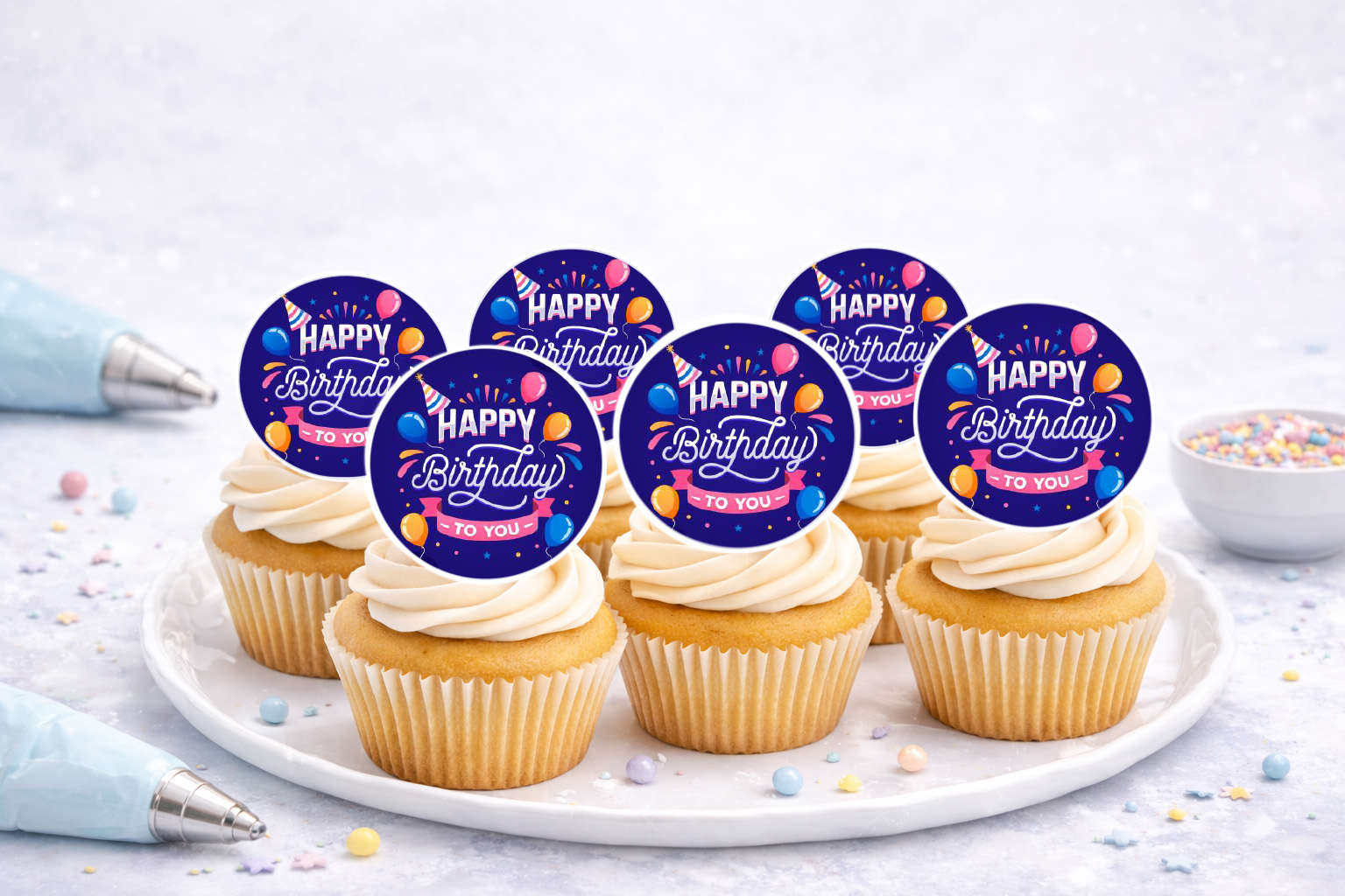 Essbare Muffinaufleger Happy Birthday aus Oblate Deluxe, 20 Stück, ca. 4 cm, zum Selbstausschneiden