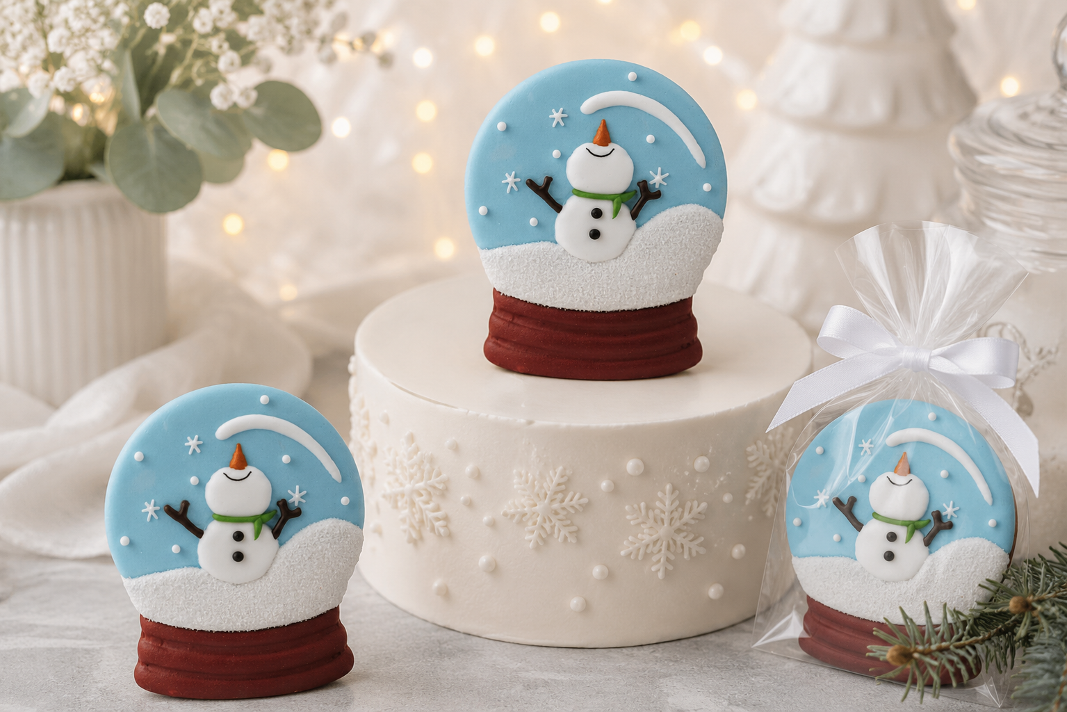 Zuckerdekoration Schneekugel mit Schneemann – ca. 8,5 cm