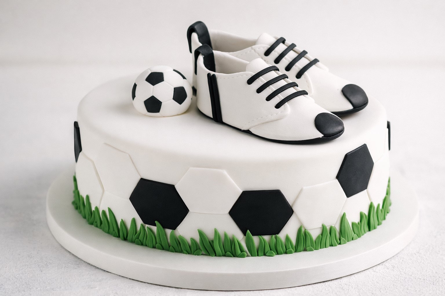 Essbare Fußballschuhe (schwarz/weiß) mit Fußball – Tortendeko Set (Paar + 1 Ball halbrund)