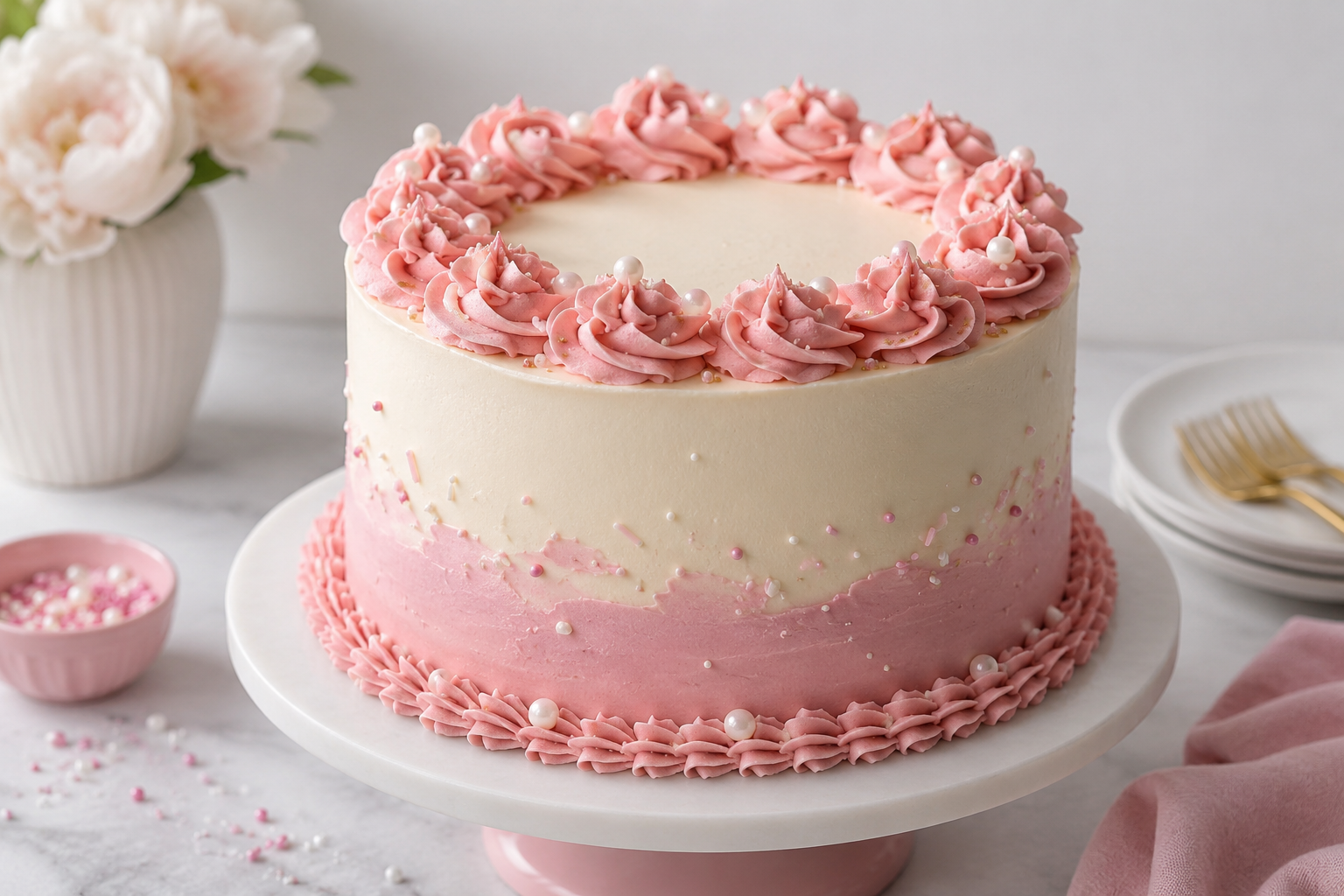 Rosa-weiße Torte mit feiner Buttercreme verziert