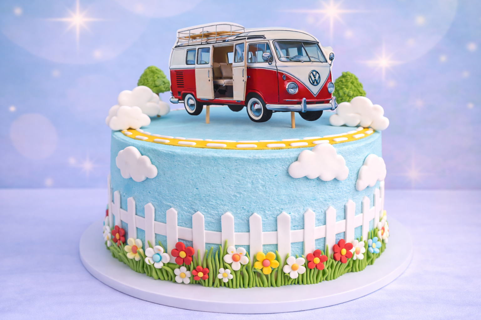 Camper Van Cake Topper XXL aus Fondant handgefertigt – Retro Bus Tortendeko zum Reinstecken