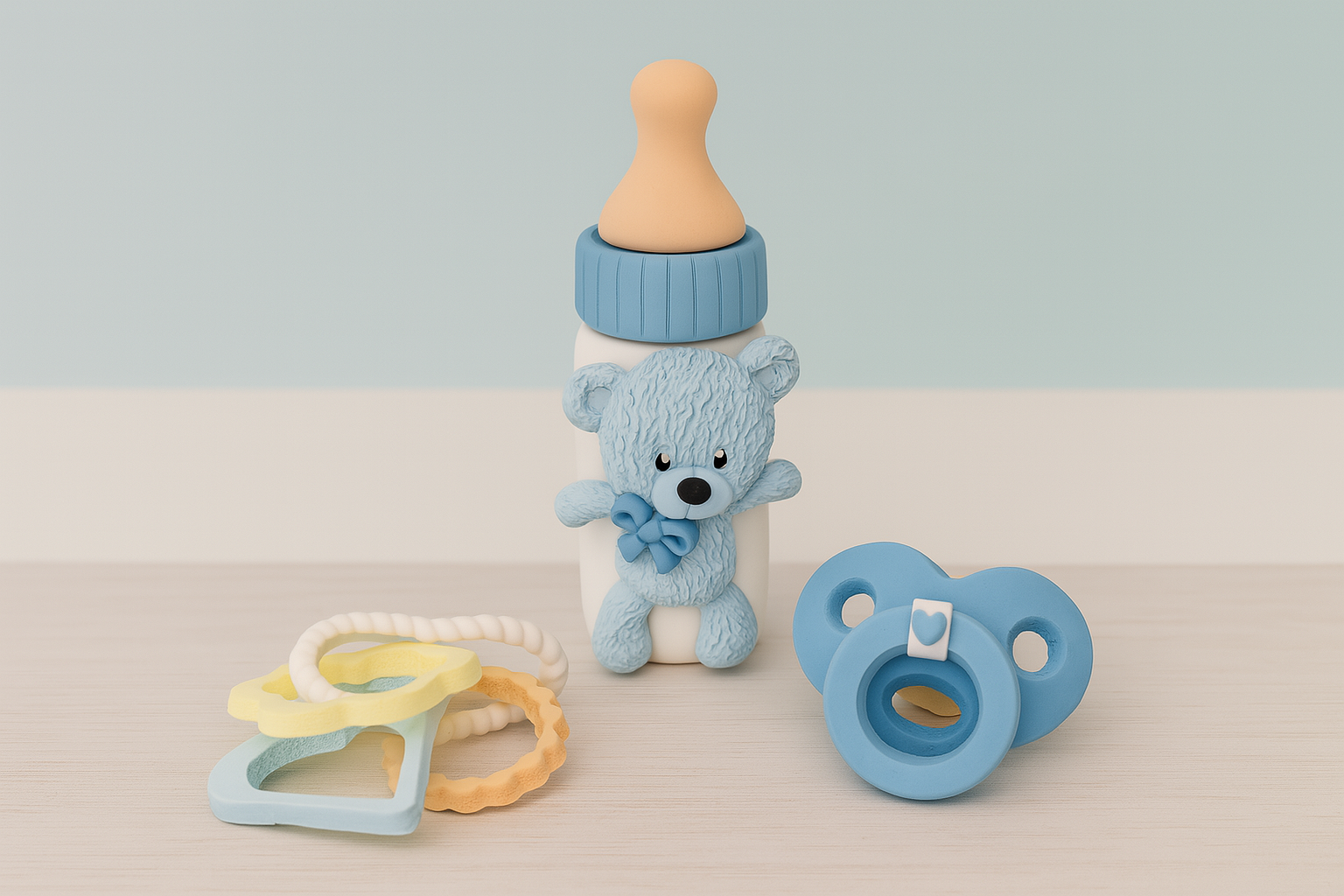 Baby-Deko Set für Torten – Fläschchen, Schnuller & Spielzeug aus Zuckermasse Baby-Deko Set für Torten – Fläschchen, Schnuller & Spielzeug aus Zuckermasse
