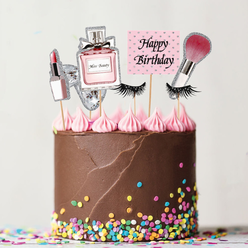 Birthday Cake Toppers mit Make-up (7-teilig) – Stilvolle Tortendeko für Beauty-Fans