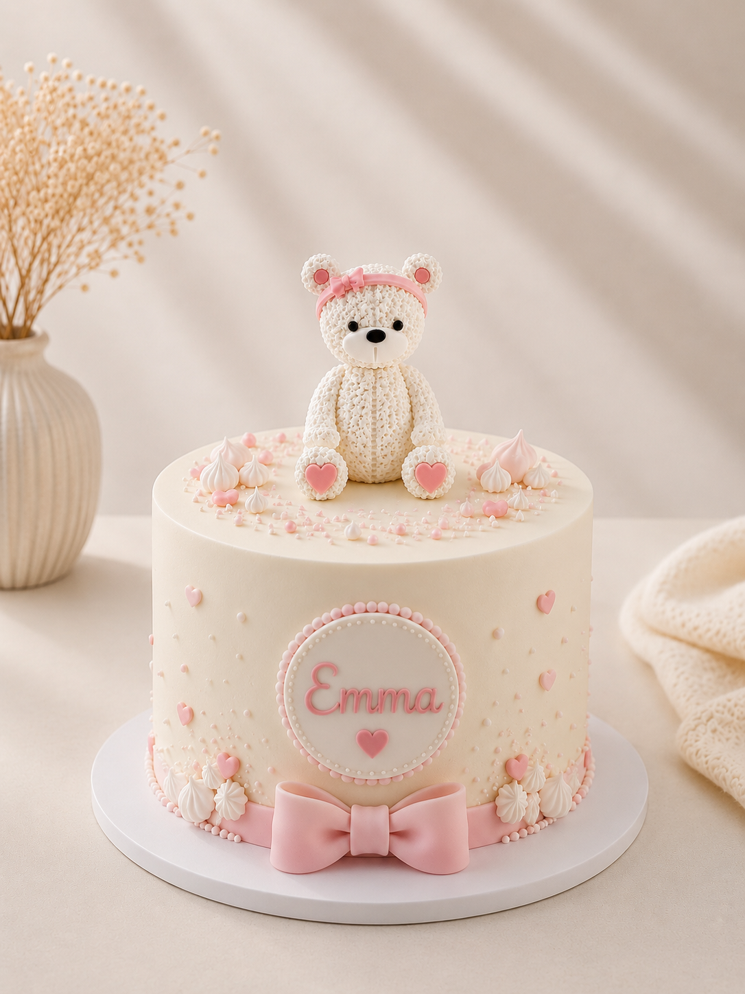 Teddy-Bär weiß mit rosa Schleife und Herzen