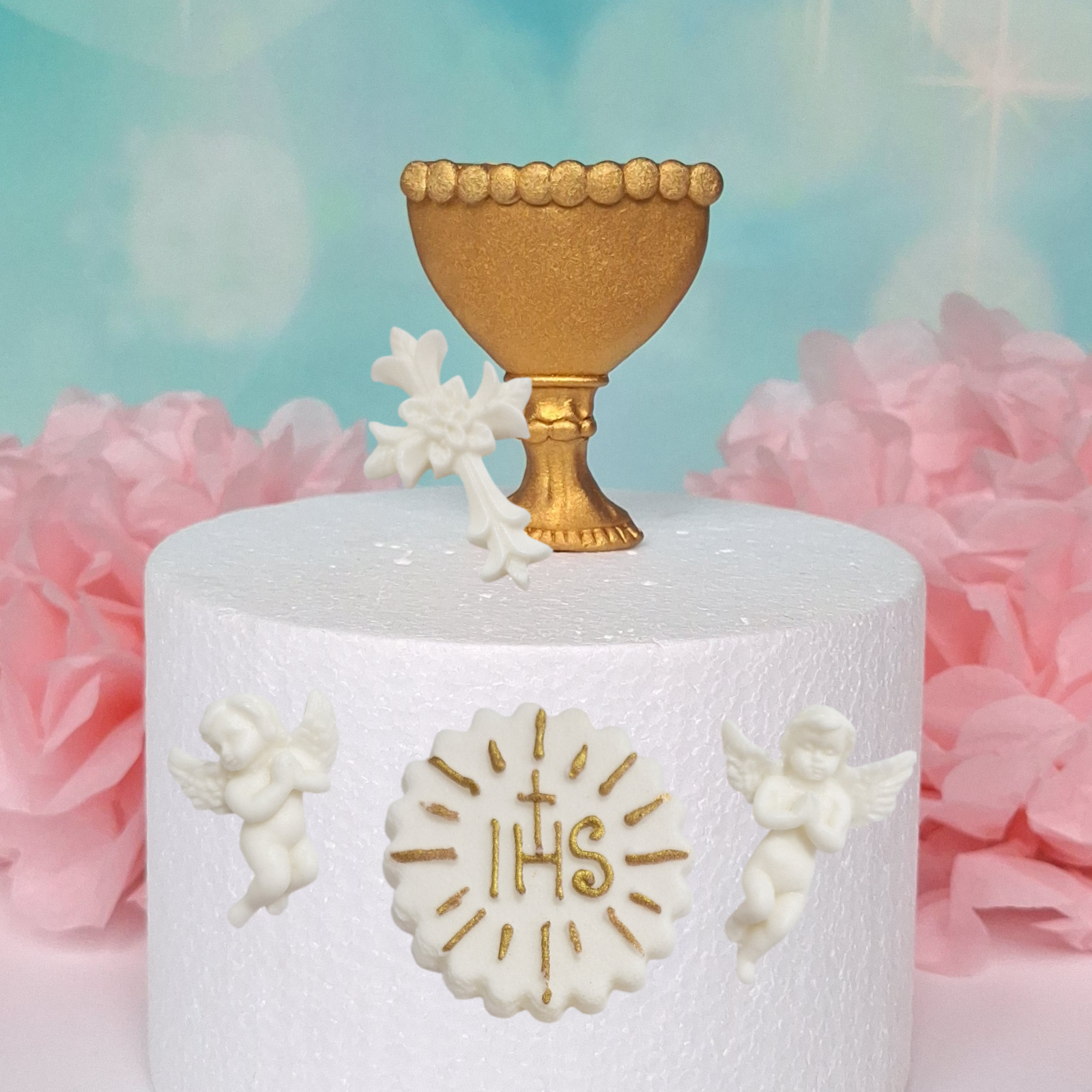 Zuckerdekoration zur Kommunion – Kelch, Kreuz & betende Engel