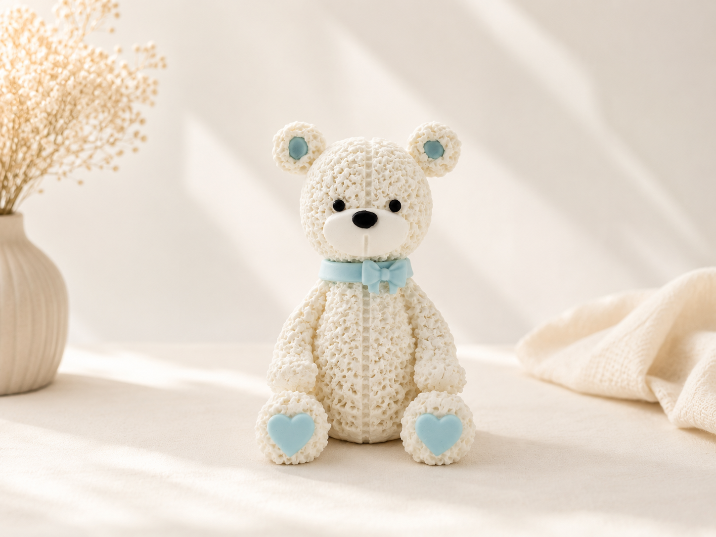 Teddy-Bär weiß mit blauer Schleife und Herzen – 8,5 cm