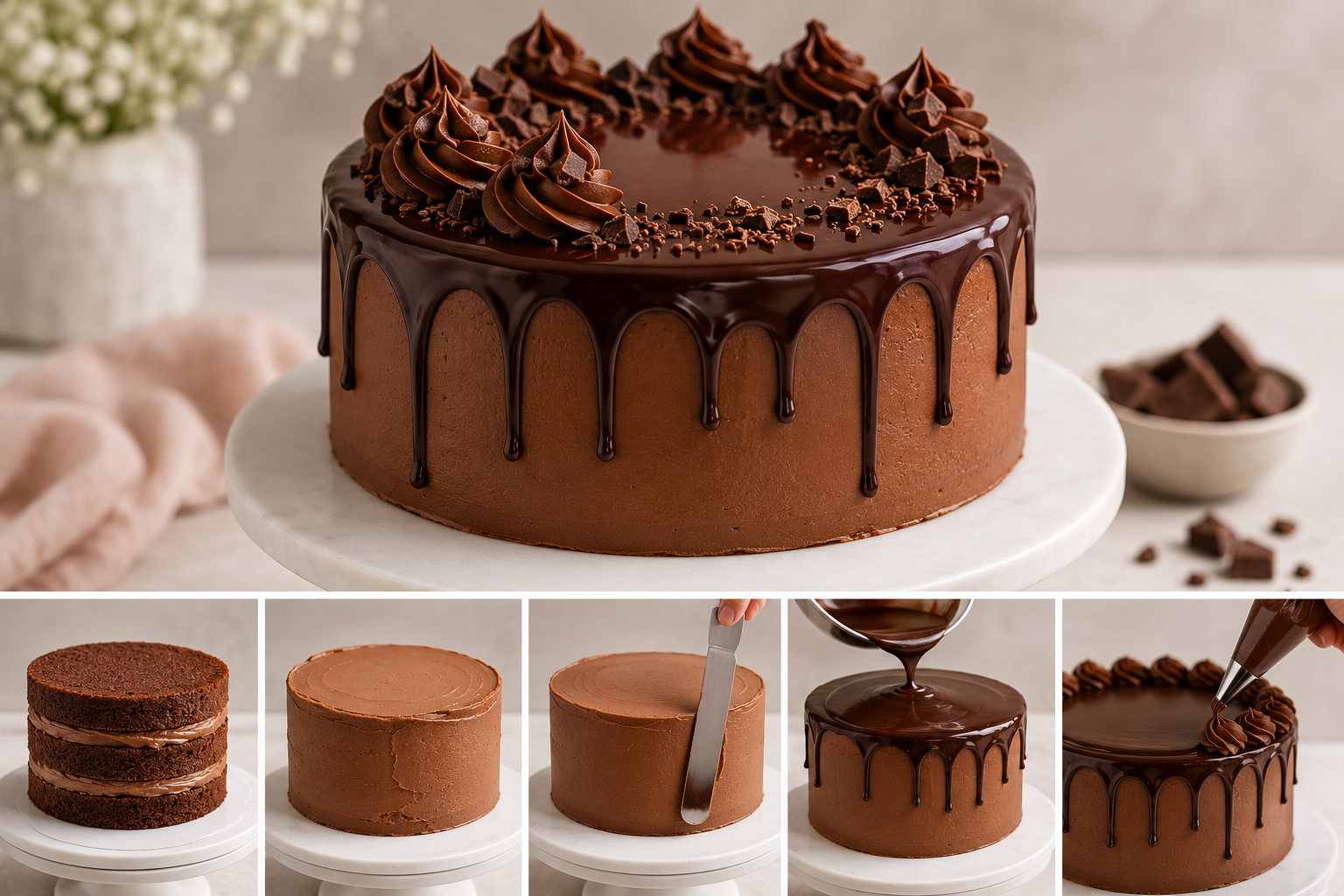 Schokoladentorte mit Ganache eingestrichen und mit Drip verziert