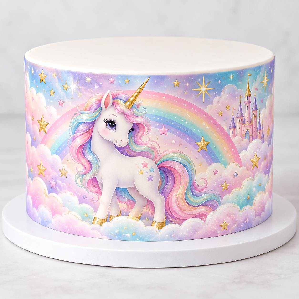 Deko Fondant Einhorn & Regenbogen – Pastell Tortenband mit Schloss