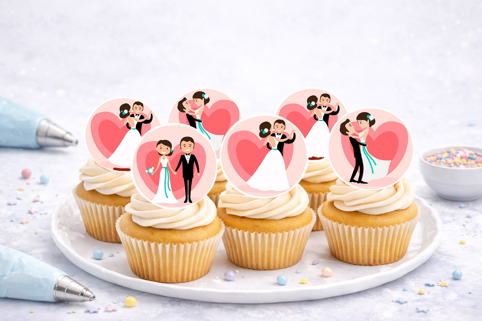 Essbare Muffinaufleger mit Hochzeitsmotiven für Cupcakes und Muffins
