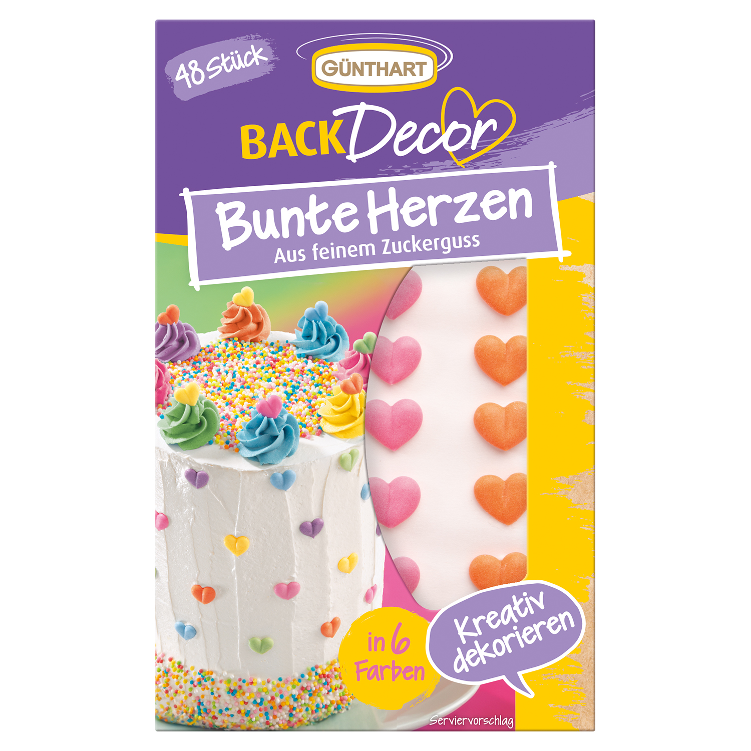 Packshot bunte Zucker-Herzen 15 Stück in 6 Farben – essbare Tortendeko, Art.-Nr. 10908