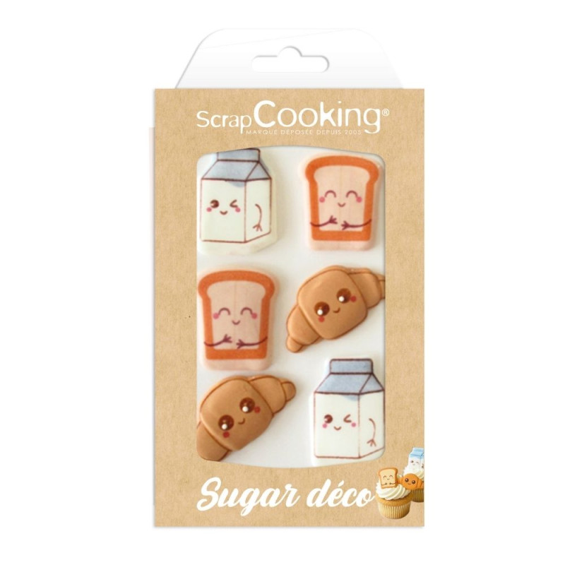 Zuckerdekor Kawaii Frühstück 6 Stück – Toast, Croissant & Milch